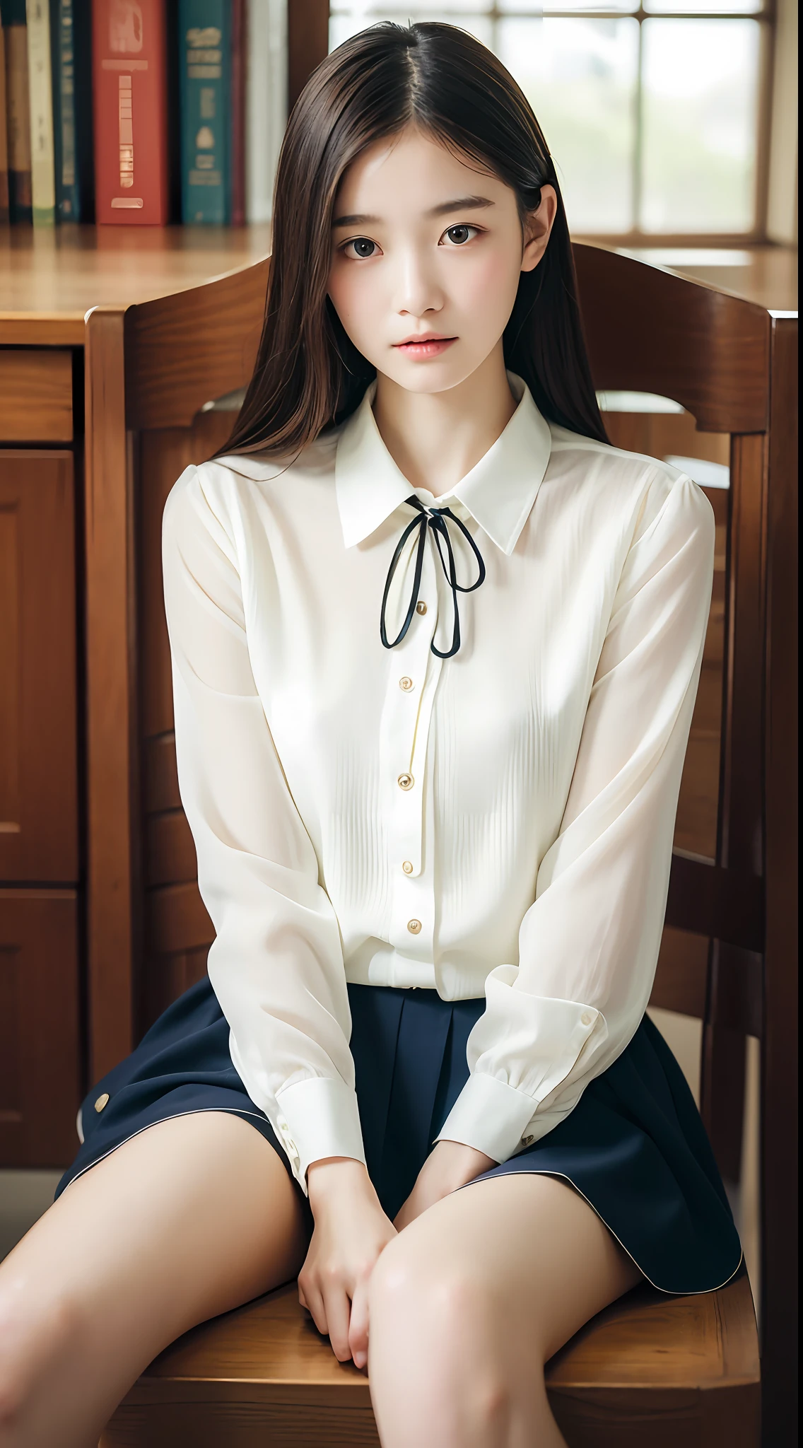 女の子1人, (Full body), Unknown , detailed  clothes, (delicate illustration:1.4),(masutepiece:1.0), (Best Quality:1.4), (超A high resolution:1.2), (Photorealistic:1.4), (8K, Raw photo:1.2), (Soft Focus:1.4), (18year old:1.3), (Sharp Focus:1.4), (Renaissance art:1.4), Detailed beautiful face, Super Detailed Face, Detailed lips, detailedeyes, 二重まぶた, (Blouse with white collar), Sitting on a chair in the library holding a book