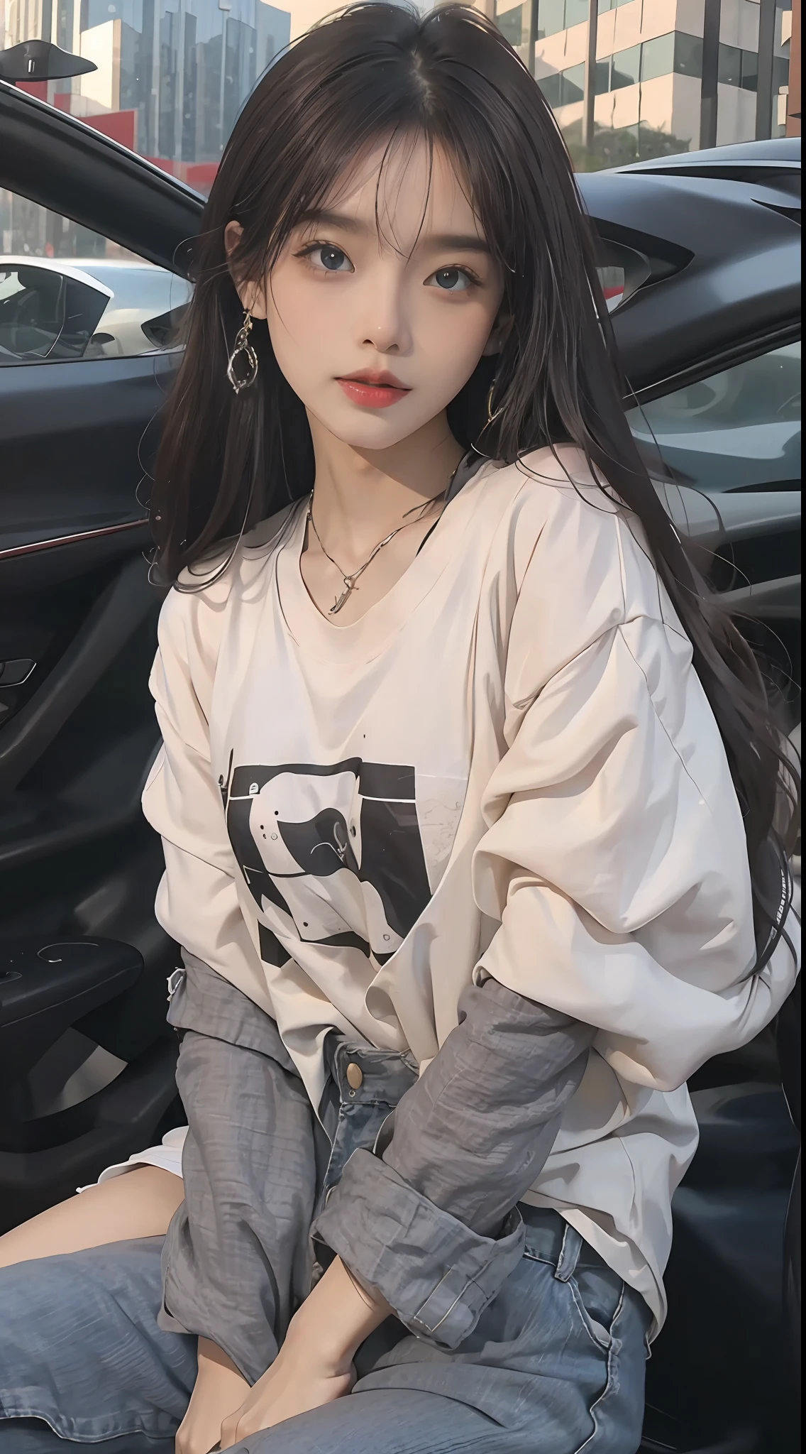 best qualtiy,tmasterpiece,8K ultra-high resolution,(realisticlying:1.2),RAW photogr,(Evening street),1个Giant Breast Girl,黑The eye,looking at viewert,long whitr hair,Light makeup,cparted lips,tiny ears,whitet-shirt,denim short,耳Nipple Ring,Sit in Ferrari,Bigchest,Slim