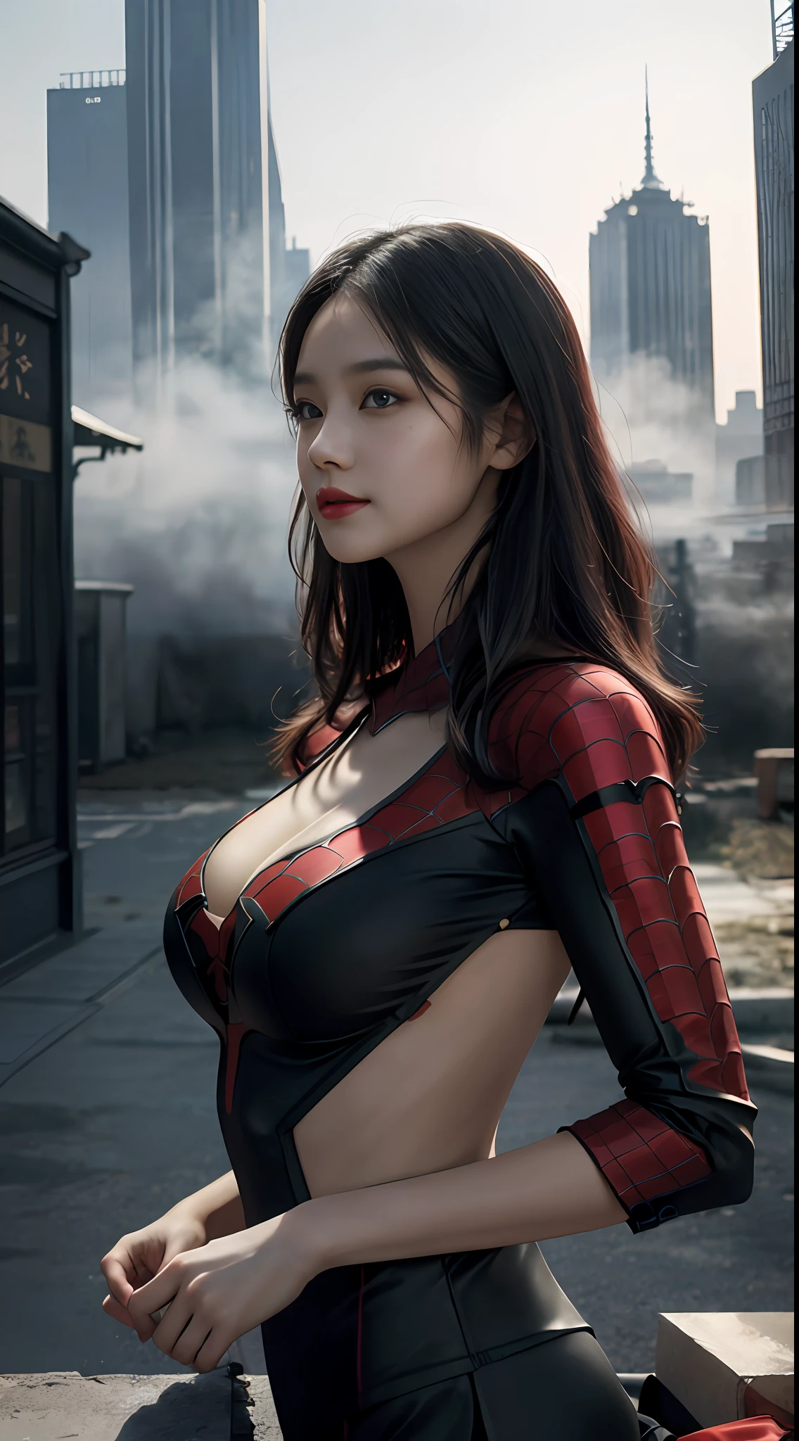 (1girll:1.3), 独奏, (((very vey very detailed face))),((very detailed eyes and faces))),beatiful detailed eyes,Body parts__,offcial art,Unified 8k wallpaper,ultra-detailliert,Beautiful and beautiful,big breasts beautiful,tmasterpiece,best qualtiy,primitive,tmasterpiece,ultra fine photos,best qualtiy,超高分辨率,photorealistic realism,rays of sunshine,full-body portraits,stunningly beautiful,,dynamicposes,delicated face,Vibrant eyes,(From the front side), she is in a spider-man suit,Red and black color scheme,arachne,Very detailed city roof background, Roof,looking over city,详细的脸,detailed complex busy background,Untidy,opulent,milkyW,highly detailedskin,Realistic details of skin,Visible pores,Clear focus,volume fog,8K UHD,digital SLR camera,high qulity,filmgrain,White skin of the,photo-realism,DL,A huge metropolis of the dystopia of the future, semi transparent,(big breasts exposed cleavage)