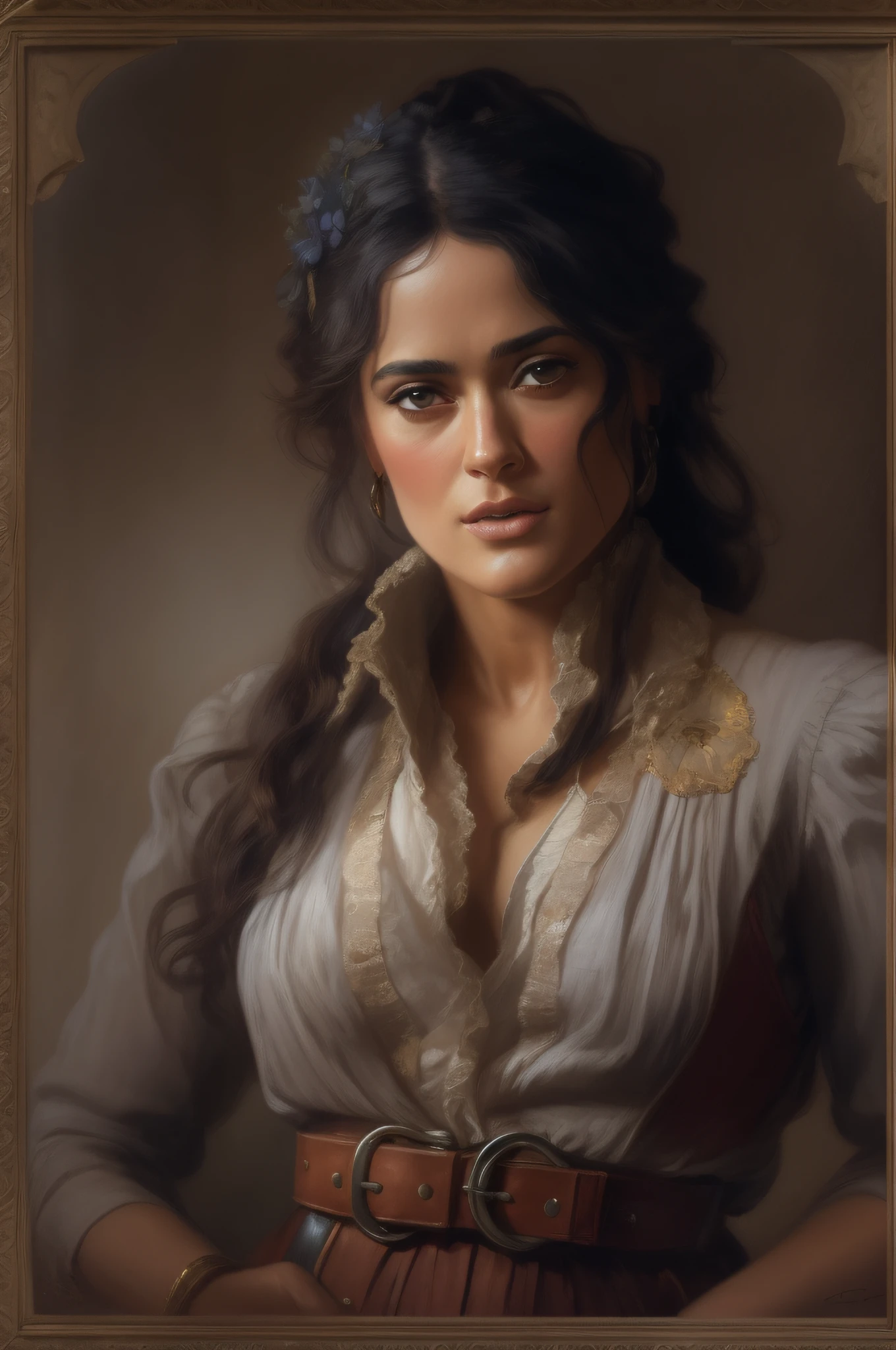 full body, photorealism, realistic, high resolution, raw photo, Salma Hayek in an old western outfit, perfect detailed symmetric eyes, realistic characters, (beautiful hands, detailed fingers: 1.5), by Sandro Botiicelli, Renaud Matgen, full body portrait, concept art portrait by fusion between Jeremy Mann, Childe Hassam, Daniel F. Gerhartz, Rosa Bonheur, Thomas Eakins, cinematic, hyperdetailed intricately detailed Splash art trending on artstation triadic colors, unreal engine 5, cinematic lighting, 8k uhd, dslr, soft lighting, high quality, film grain, Fujifilm XT3, 16K