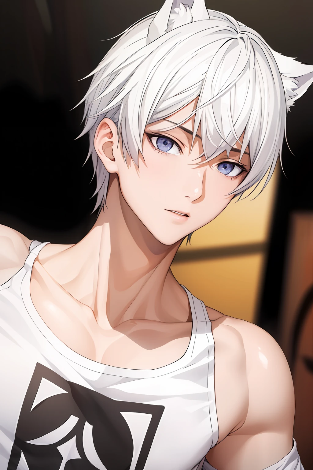 ​masterpiece, top-quality, hightquality, 1 juvenile, 独奏, Male Focus, Look at viewers, a black T-shirt,The upper part of the body, tsukasa_eishi, white_hair