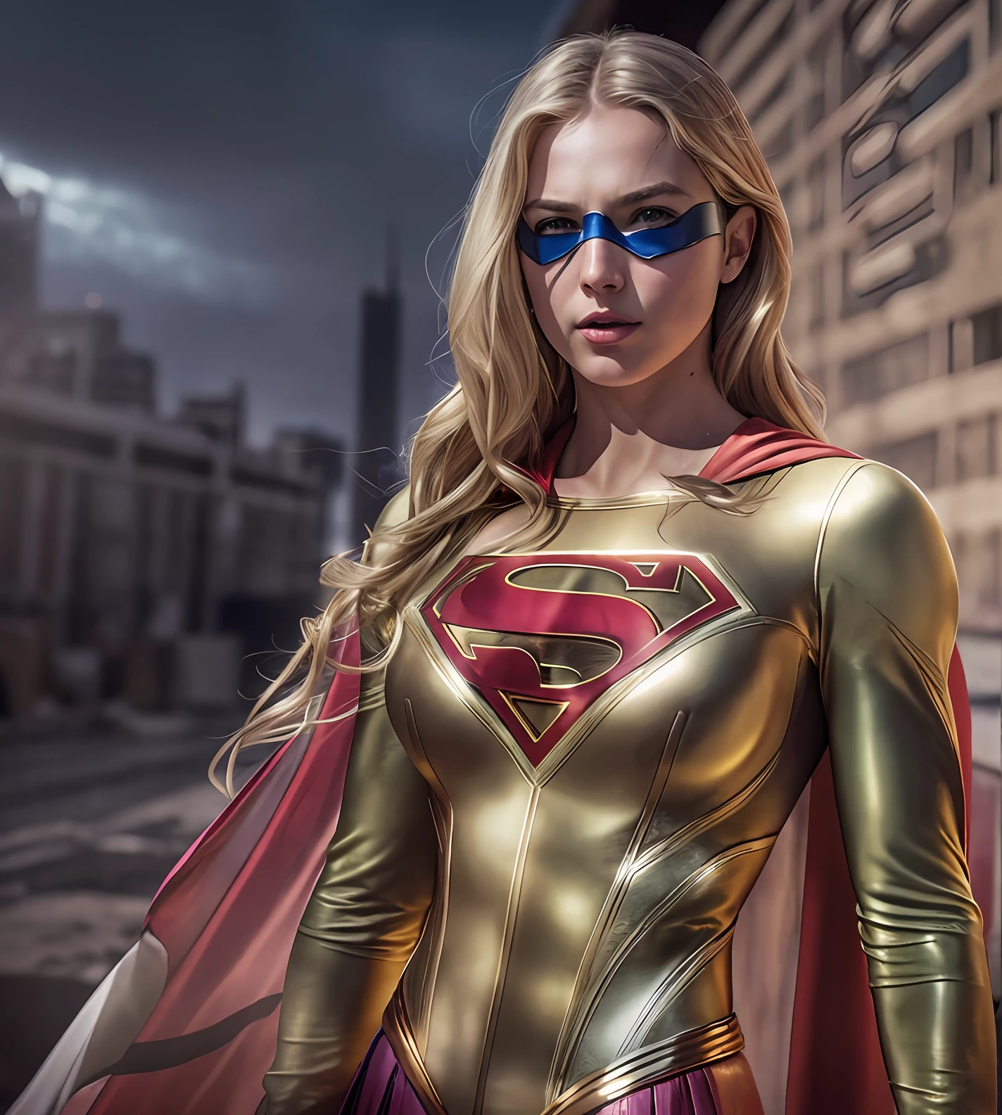 Supergirl costume, Photos of SKS women, ((Detailed face)), (Canon M50)), ((Award-Awarded)), (high detal), sharpie, 8K, yes, cinmatic lighting, gentle illumination, greg rutkovsky, Art Radio Trends, 复杂, gothic clothing, Victoria's Secret,8K, The beauty of award-winning color portrait photos (Supergirl:1.0),Supermodel-like figures, Epic, Photorealsitic,Show the whole body,Perfect sexy body,The contours of the chest and genitals are pronounced,stand posture,Pride looks down, (hdr:1.2), (lens_flare:0.7),The city of the apocalyptic wasteland,Real Human,cinematic style photograph,Amazing details,Raise your chest,Cross your hands at your waist,Hair flutters in the wind,blond hairbl,Cinematic light and shadow,volumettic light,high high quality,tmasterpiece,highest quality,softlighting,The edges glow,(gold gold Superman costume),Translucent tights,(NSFW:1.5),(Suspended in the air)