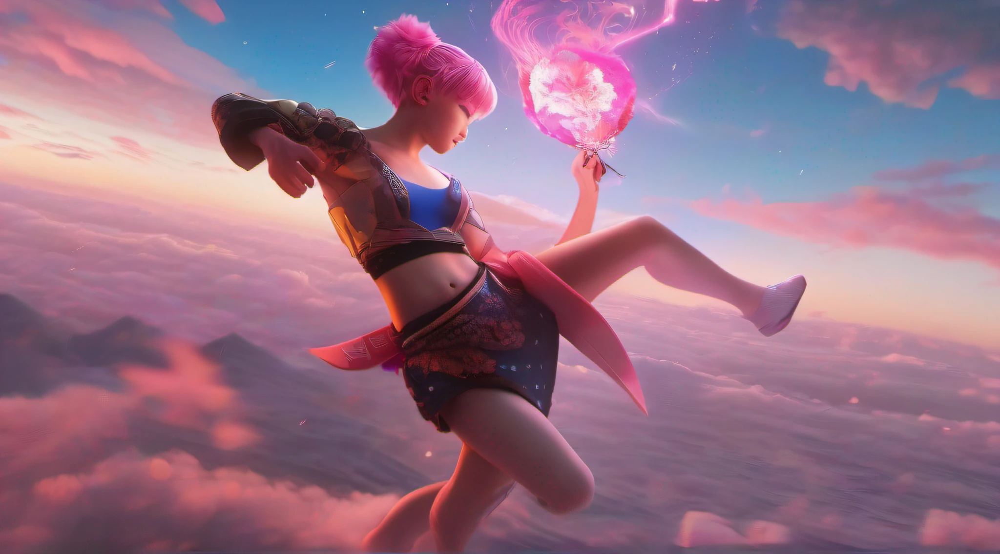 japanese oni is fighting a beautiful girl,18yo, in the sky,pink short hair, blue eyes,Conceptual art, best photo shot, glowing light, realistic, UHD, textured skin, masterpiece, anatomically correct, best quality, 8k, full body,