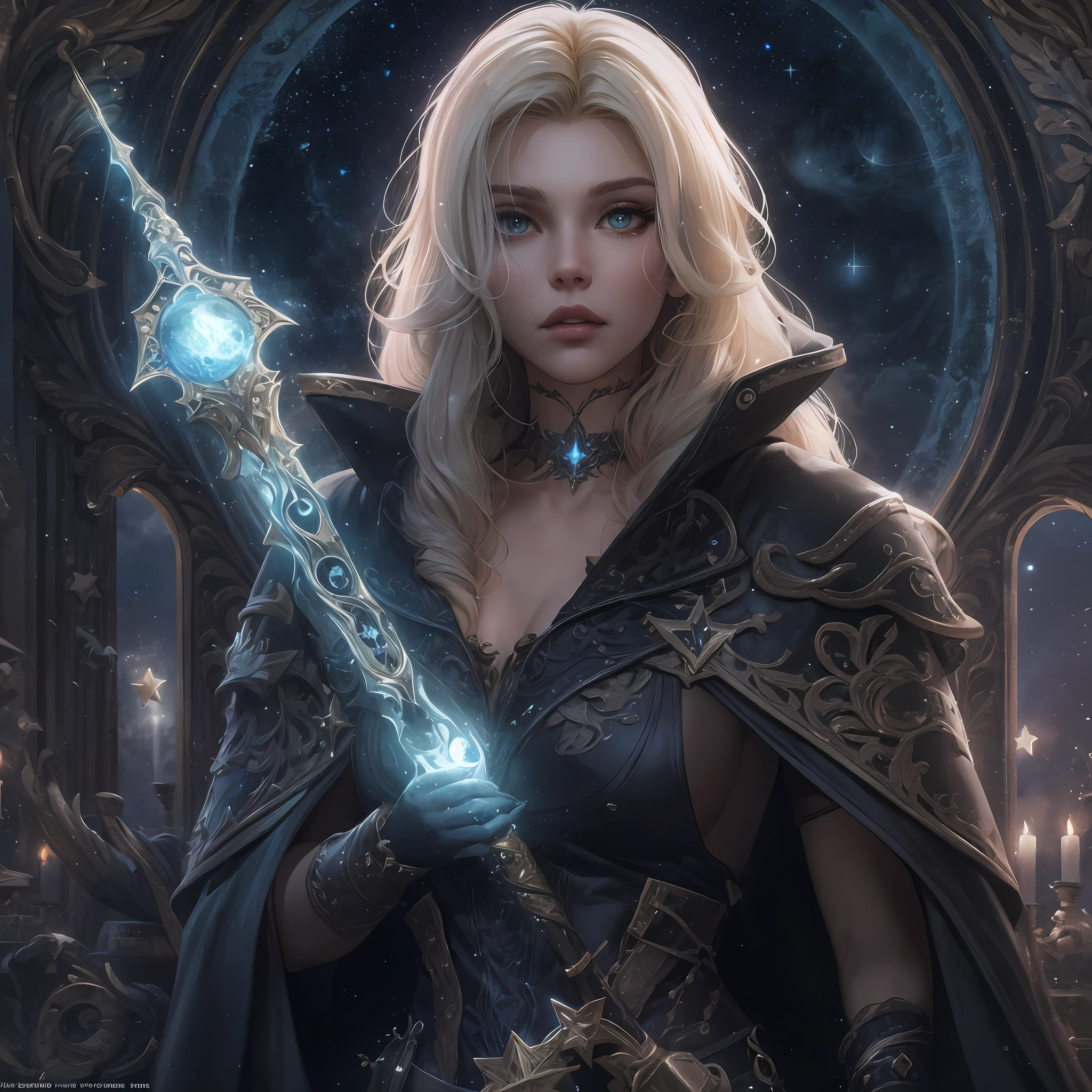 high details, best quality, 8k, [ultra detailed], masterpiece, best quality, (extremely detailed), dynamic angle, ultra wide shot, photorealistic, dark fantasy art,  gothic art, dark RPG art, realistic art, an ultra wide picture of female human cleric, holding a spear, wearing black cloak, black leather suit, with stars sigils (intense details, Masterpiece, best details: 1.5), high heeled boots, holy symbol casting a spell, white magical sigils (intense details, Masterpiece, best details: 1.5), stars and moon symbol, blue light from symbol, blond hair (intense details, Masterpiece, best details: 1.5), long hair, braided hair, small, intense eyes, green eyes, moon and stars background, depth of field (intense details, Masterpiece, best details: 1.5) , moon light high details, best quality, highres, ultra wide angle