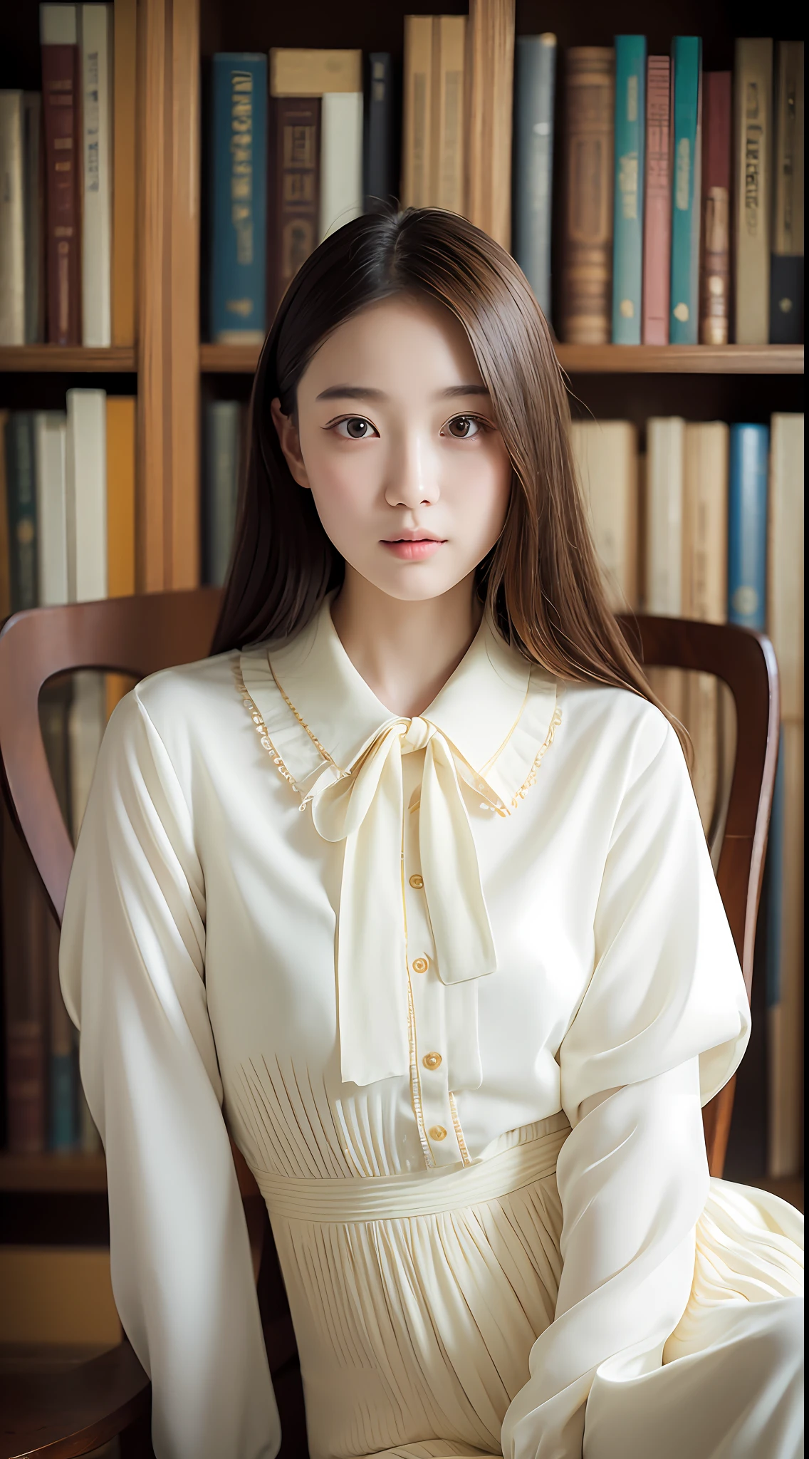 1人, (Full body), Unknown , detailed clothes, (delicate illustration:1.4),(masutepiece:1.0), (Best Quality:1.4), (超A high resolution:1.2), (Photorealistic:1.4), (8K, Raw photo:1.2), (Soft Focus:1.4), (18year old:1.3), (Sharp Focus:1.4), (Renaissance art:1.4), Detailed beautiful face, Super Detailed Face, Detailed lips, detailedeyes, 二重まぶた, (Blouse with white collar), Sitting on a chair in the library holding a book