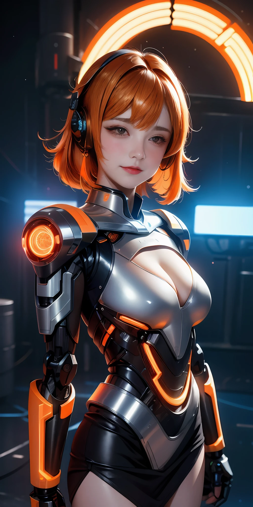 1 girl, Solo, Chinese_clothes, Metallic black titanium and orange, Cyberhan, Cheongsam, Cyberpunk city, Dynamic pose, Detailed luminous headphones, luminous hair ornaments, Long hair, Luminous earrings, Glowing necklace, Cyberpunk, High-tech city, Full of mechanical and futuristic elements, futurism, Technology, glowing neon lights, Orange, Orange light, Fluorescent orange, Skirt, Cape, Coat, laser, digital background, City Sky, large moon, Bring a vehicle, Best quality, Masterpiece, 8K, Character edge light, Super high detail, High quality, The most beautiful woman in man, Slight smile, Face forward and symmetrical left and right, Ear decoration, beautiful pupil, Light effects, visual data, Picking and dyeing orange, Dye hair, Ultra-detailed facial textures, Joy and pride, Weapons systems, in mecha style, Crowded street passers-by, Mechanical wings, Super light and shadow,(white theme),metallic luster