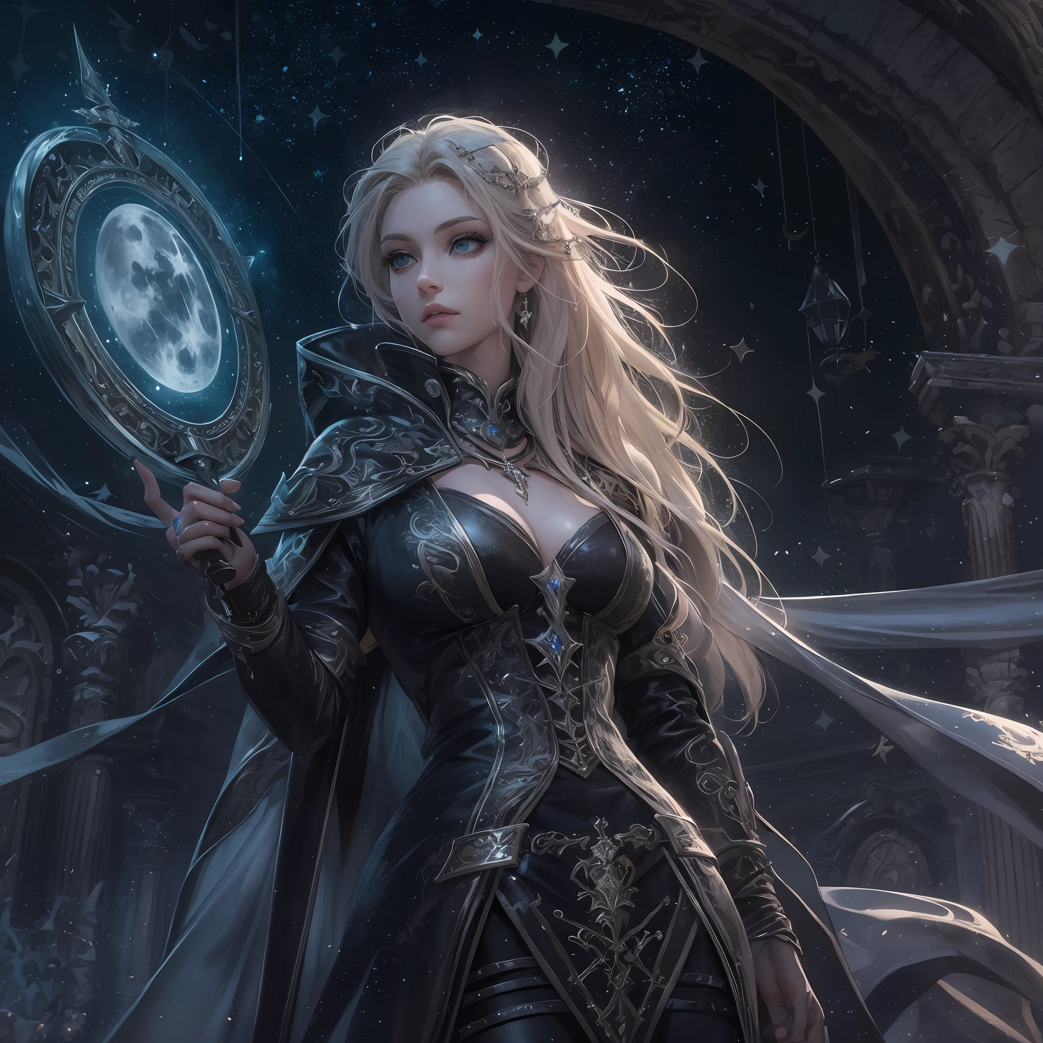 high details, best quality, 8k, [ultra detailed], masterpiece, best quality, (extremely detailed), dynamic angle, ultra wide shot, photorealistic, dark fantasy art,  gothic art, dark RPG art, realistic art, an ultra wide picture of female human cleric, holding a spear, wearing black cloak, black leather suit, with stars sigils (intense details, Masterpiece, best details: 1.5), high heeled boots, holy symbol casting a spell, white magical sigils (intense details, Masterpiece, best details: 1.5), stars and moon symbol, blue light from symbol, blond hair (intense details, Masterpiece, best details: 1.5), long hair, braided hair, small, intense eyes, green eyes, moon and stars background, depth of field (intense details, Masterpiece, best details: 1.5) , moon light high details, best quality, highres, ultra wide angle