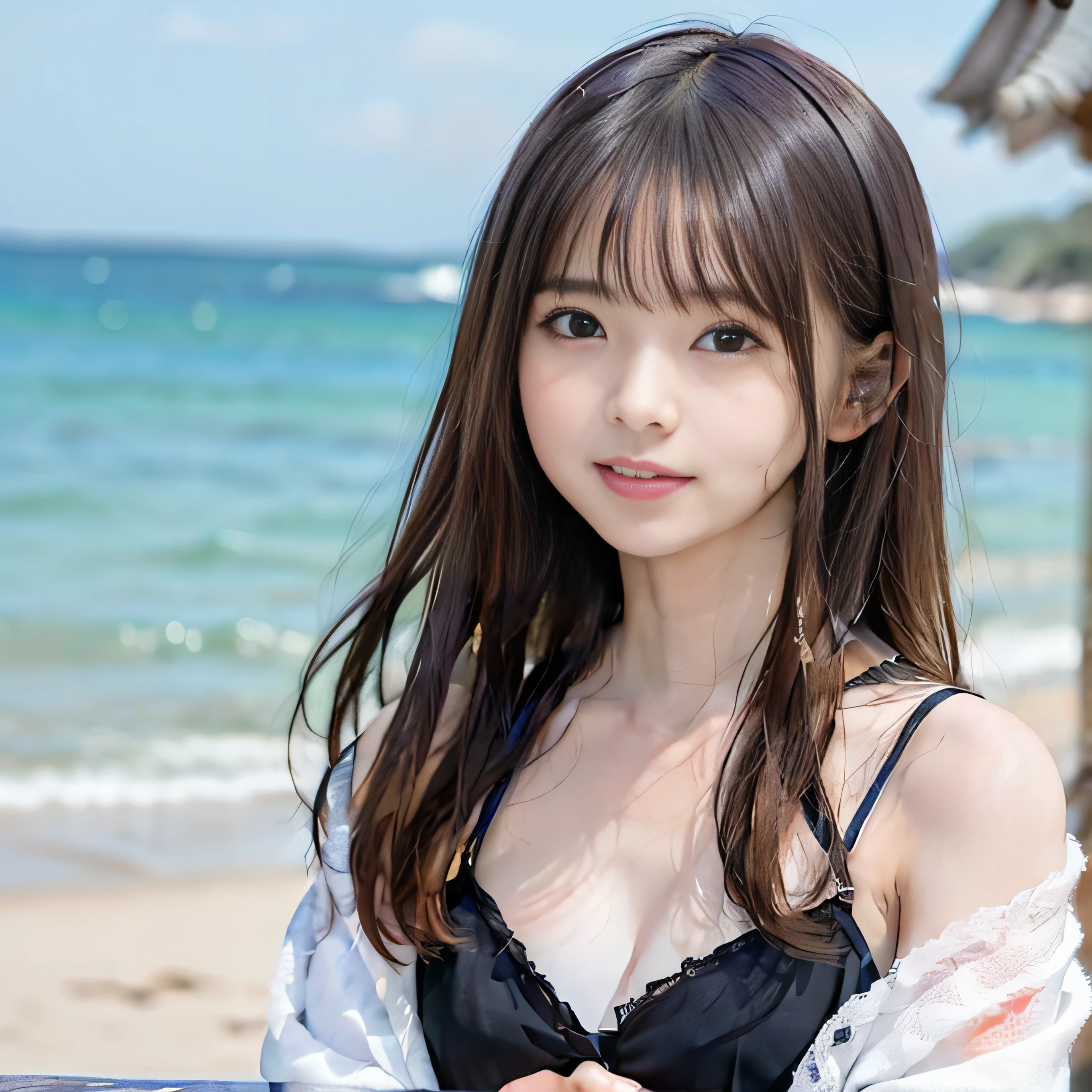 (Beautiful and highly detailed 8k wallpapers), ((Japan Girl)),the chest is very small,, Drama, 6years old, Delicate and pretty girl, Fluffy clothes, Smile, peeking at viewer, Beautiful graphics, Bright coast, swim wears,toddlers,Showing the whole body,childish、Chiquita、