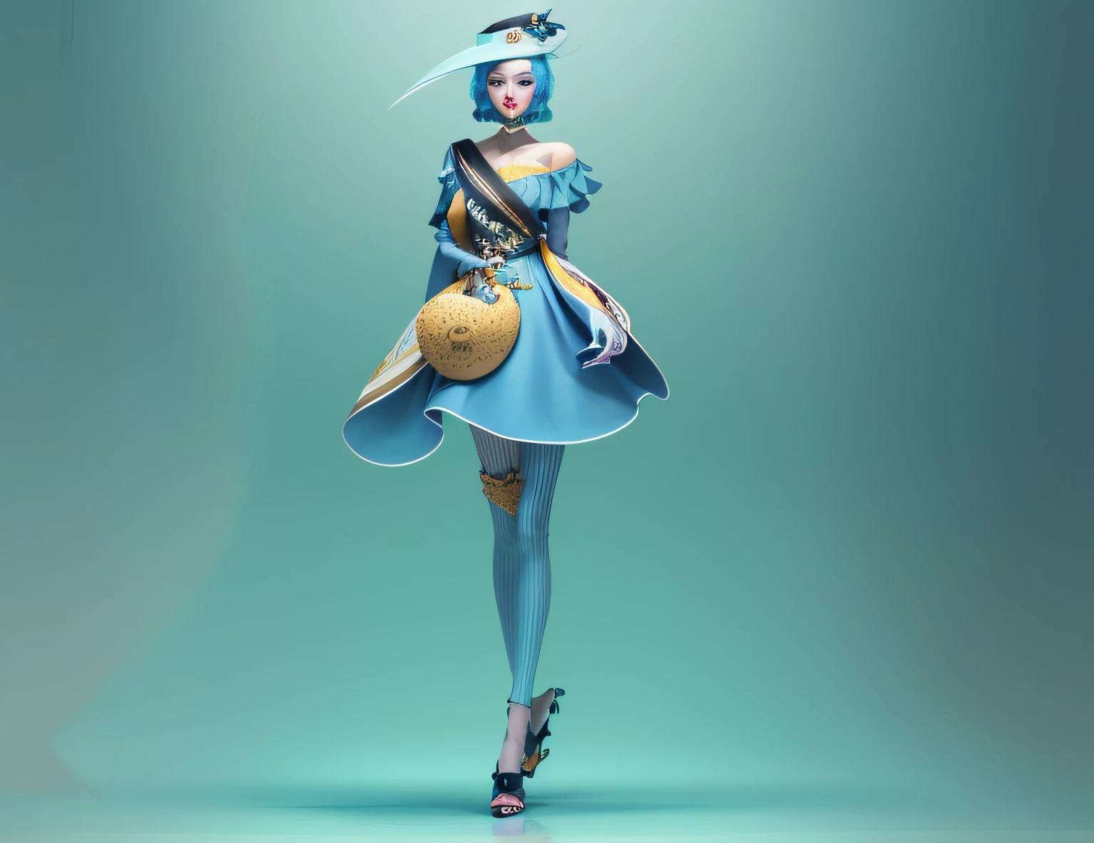 Arapei wore a blue dress，Wearing a hat，There is a bird on it, fashion design, fashion concept art, detailed fashion illustration, high fashion design, clothing design, luxury fashion illustration, fashion illustration, fashion designer, inspired by Giambattista Pittoni, designer fashion, Fashion pose, Inspired by Gao Qipei, fashion art, inspired by Liu Haisu