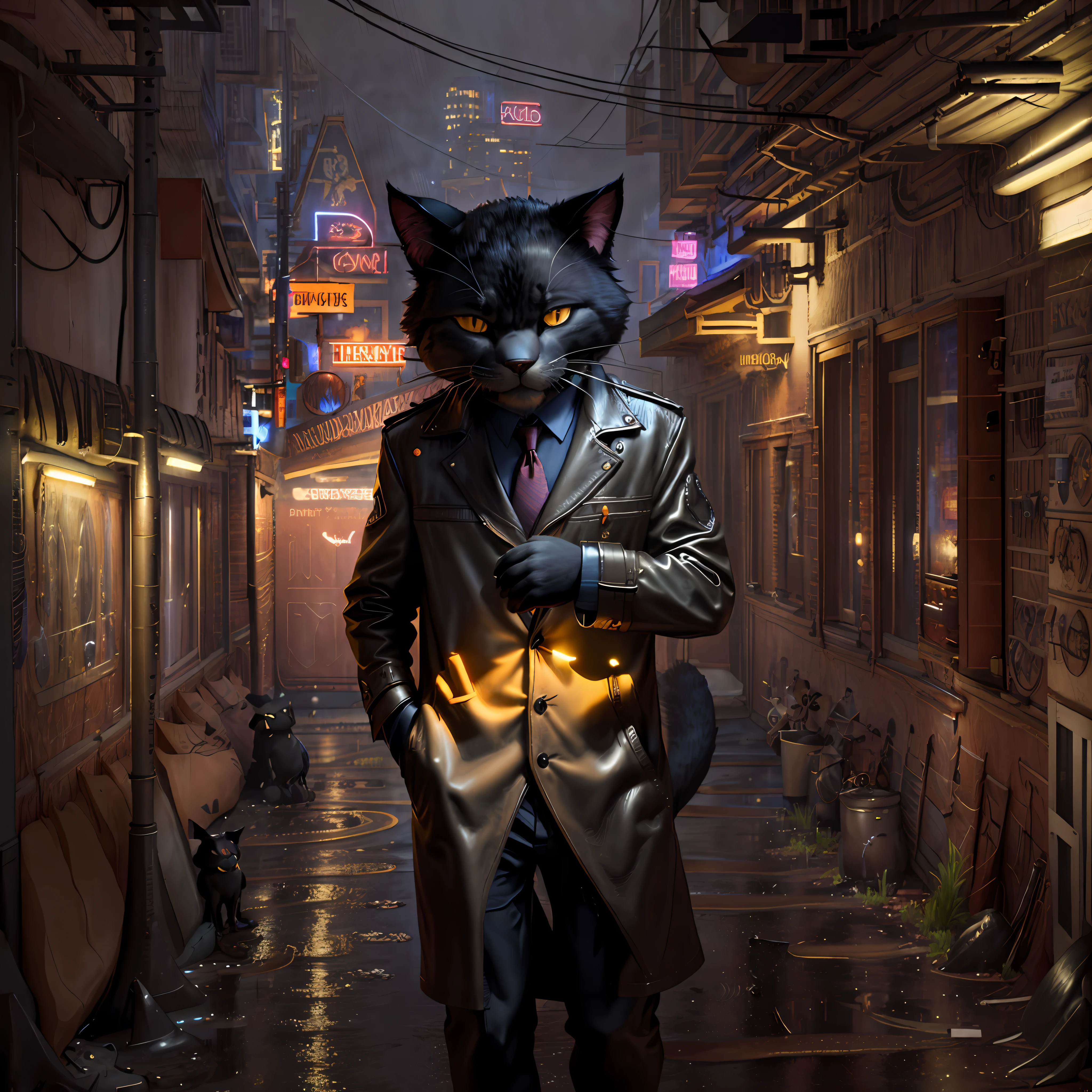 ((furry, anthropomorphic cat, best quality: 1.2)), anthropomorphic cat face, ((furry)), (soft colors: 1.2, dark studio, rim lighting, two-tone lighting, dim light, low tone, ), ((heavy rain weather)), long leather raincoat, a poster for a \(style\) of the 1930s, noir detective film, (noir atmosphere:1), dark atmosphere, city night street, emphasis on color noir, Nestilo furry Disney, High Detail, Surrealism, cinematic lighting, high details, high quality, close up, Disney stile
