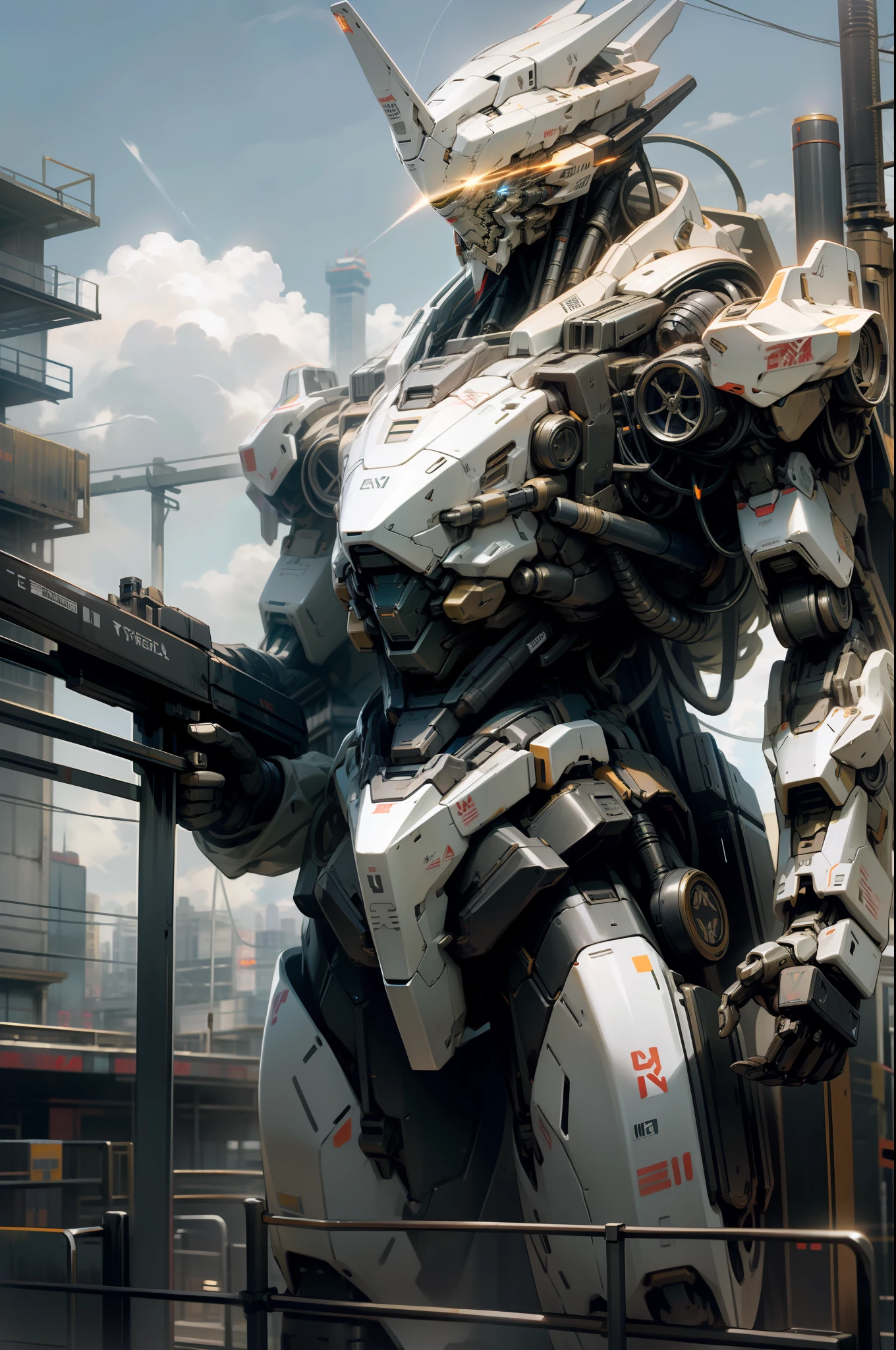 sky, cloud, holding_weapon, no_humans, glowing, , robot, building, glowing_eyes, mecha, science_fiction, city, realistic,mecha