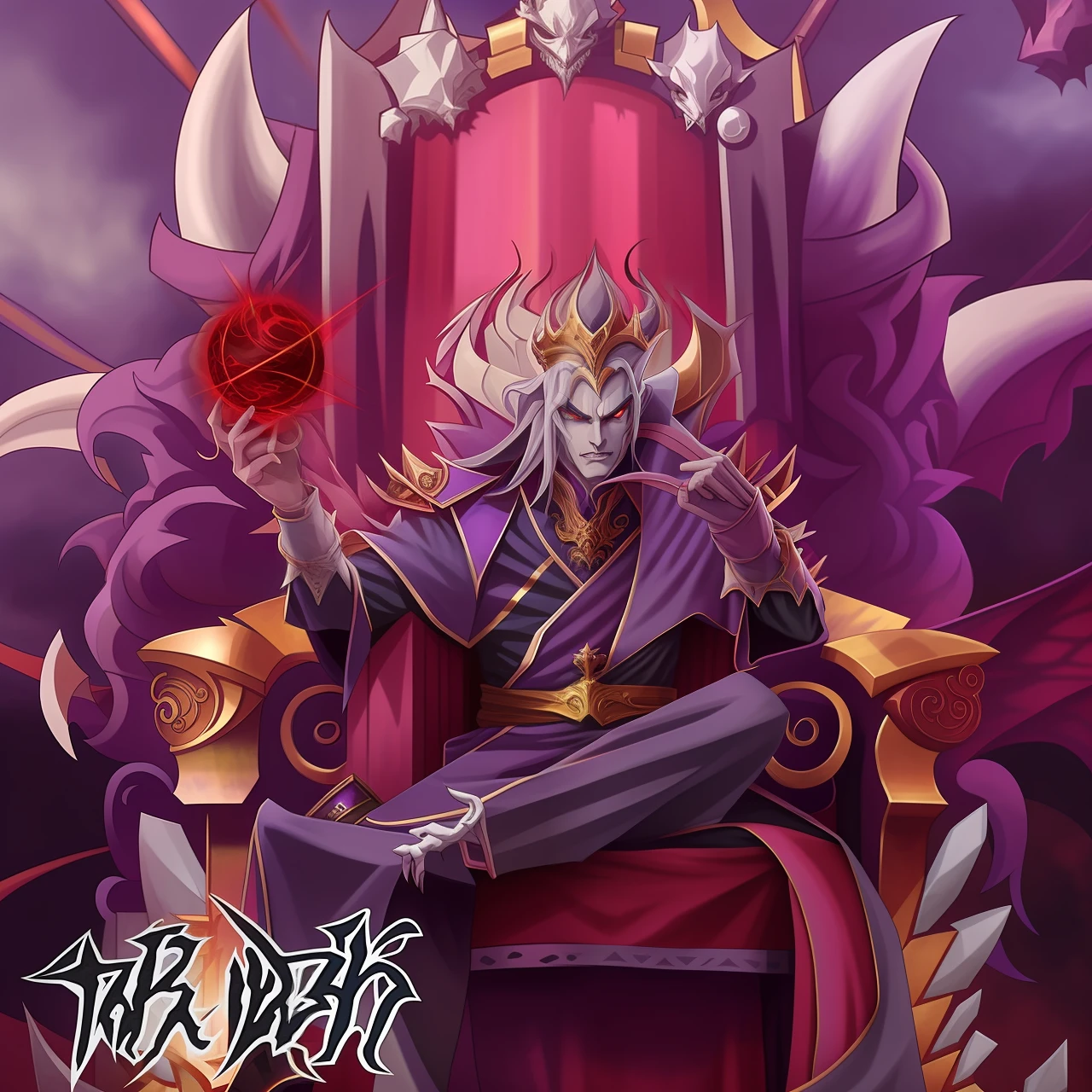 a picture of a cartoon picture of a vampire sitting on a throne, lord from hell on the throne, the former va,mpire king, yugioh artwork, king of night, high detailed official artwork, the king of death, yugioh art style, the king of bats, the god emperor of night, ruler of the vampires, official artwork, sitting on his throne wielding a blood magic ball