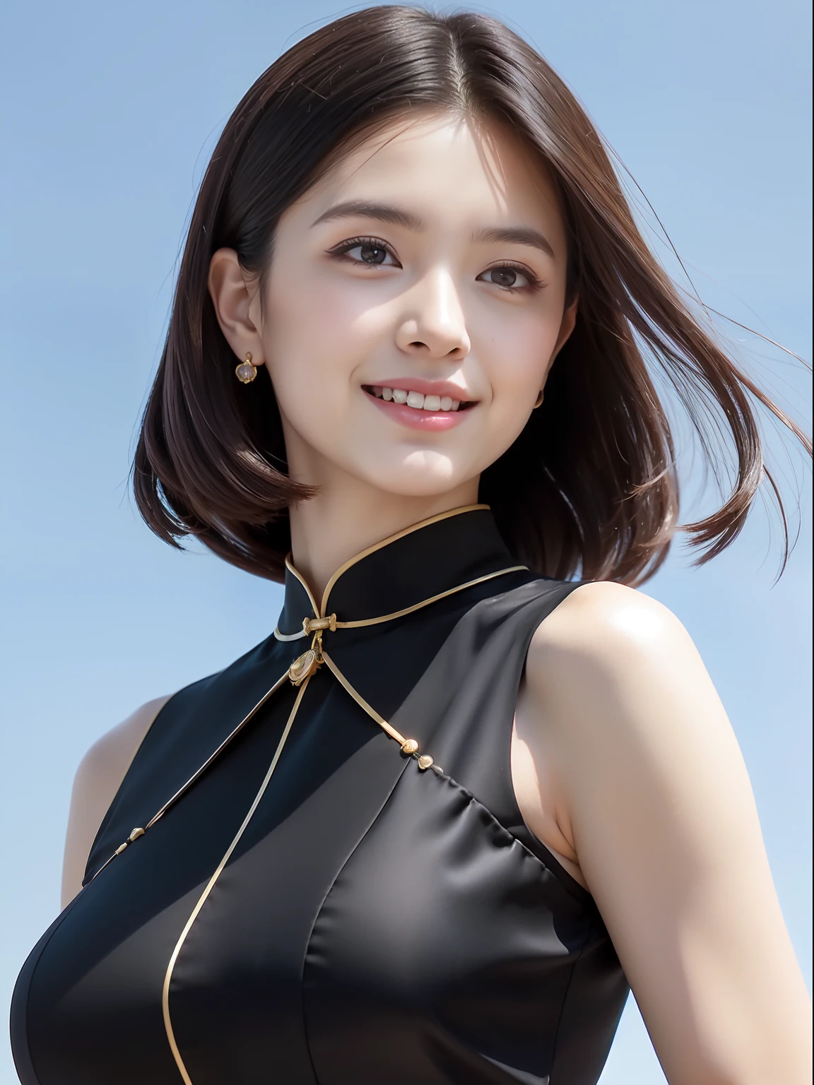 there is an ancient palace next to the girl，An extremely delicate and beautiful girl，realisticlying，Incredibly absurd，abstract artistic，From hips to shoulders，catch，Extremely detailed body，woman，年轻，20yr old，Short black Hong Kong style hair，，Floating hair，Light brown hair，Bi-tone hair，Beautiful fine hair，exquisite and beautiful face，light  smile，Clear  eyes，parted_lips， Black colored eyes，neck_ribbon，frilled_dress，Noble cheongsam，beautiful and clear background，beautiful sky，full bloom，very precise detail，absurderes，Extremely CG，