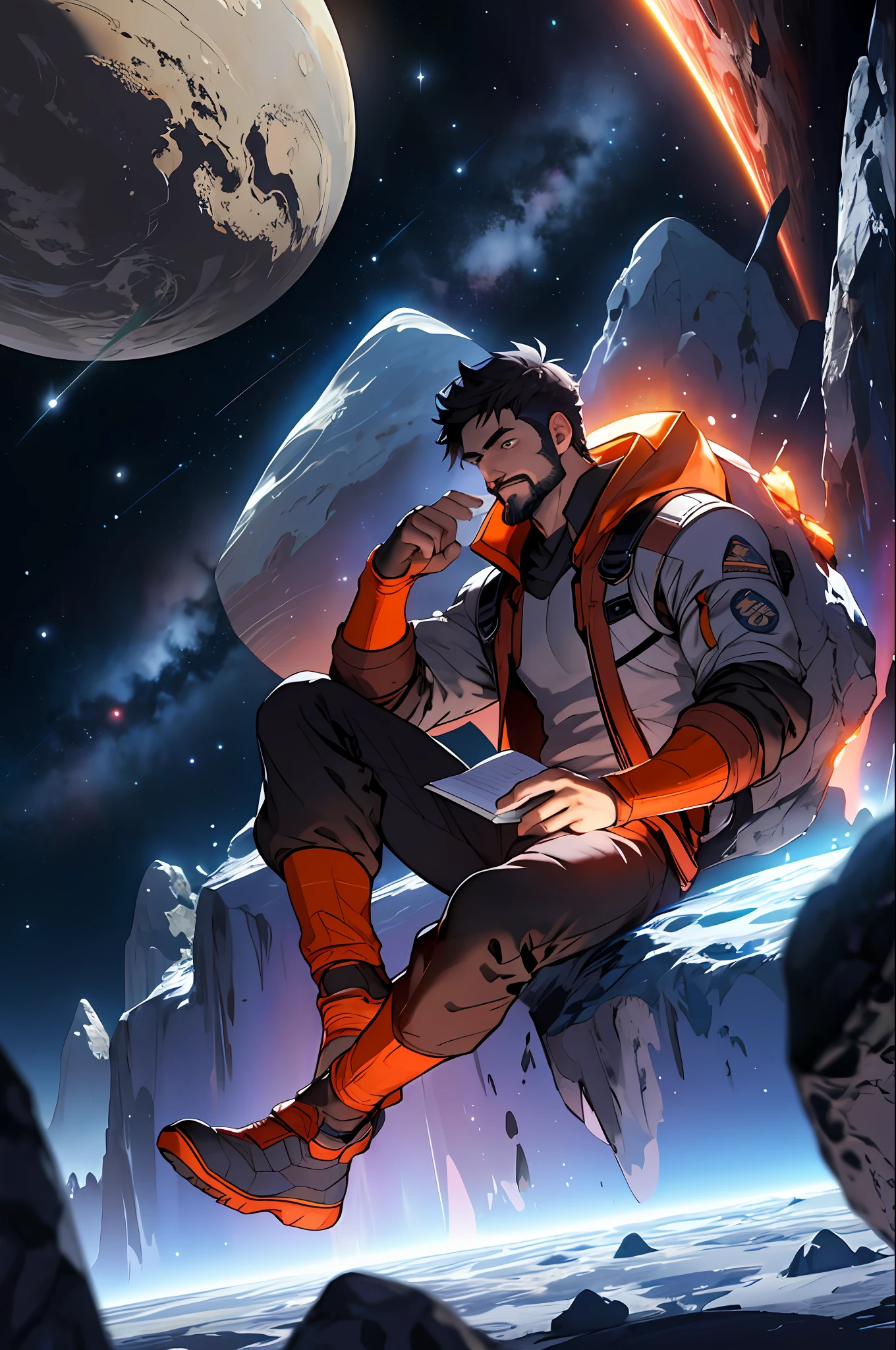 Draw a young programmer, sitting on a research platform floating in the middle of an asteroid belt. He is studying with a notebook, surrounded by several asteroids glowing with fiery auras. Dramatic lighting from distant stars and planets illuminates the scene, casting deep shadows on the suit. The young man looks confident and determined, looking at the vast and mysterious universe with wonder and respect,facial hair, cowboy shot,