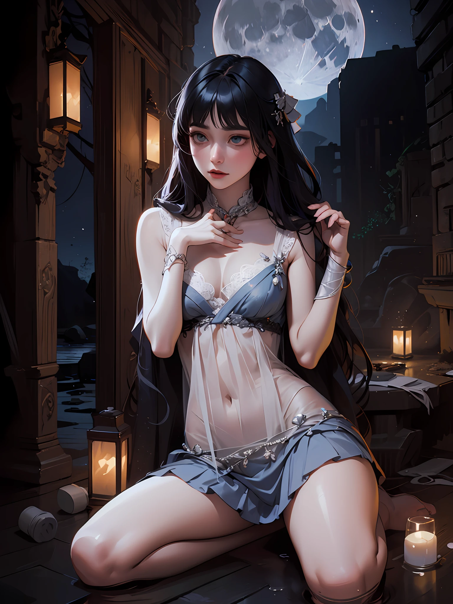 (Artwork of exceptional craftsmanship),(Detailed illustrations,(Very ideal anatomy),Very detailed and detailed drawing,Delicate lines with slow and rapid,(Realistic texture expression)),[Color tressed main line],(Midnight Ruins [Background of stone castle leaking moonlight]) fullmoon,(Vampire JapaneseGirl (Beautiful fece) [Beautiful but sickly face Sunken eyes] Skinny ) [Delicate and bony figure] Bare legged [[Straight cropped bangs]] Beautiful straight long hair [black cat],(Beautiful skin shining on the moon [pale skin]),(Cloak of Darkness [Ribbon lace embroidery]),[gravure [Ephemeral Melancholy]] [rays of moonlight [Tindall Effect]] [[sitting]],[Dark Fantasy],(Perfectly proportioned),(Fine and beautiful skin expression [realistic skin detail]),[Design built to the highest level,[Advanced structural understanding of materials],Ideal color coordination],(Intricate and beautiful decoration [Dense detail]),(More on shiny hair),[Perfect hand details [Beautiful Finger]],(Beautiful perfect face [Realistic face details]),[Clear gaze],[long and beautiful eyelashes],[Perfect eye details (Eyes beautifully drawn down to the smallest detail)],(detaileds,high-detail),([Precision Detail],[multi-layer texture],HighQuality,hight resolution),[(Accurate simulation of light-material interactions),Understanding Airflow,Mechanically correct representation],[Visual art that conveys a sense of narrative] [Full body like],[[Desaturation]].