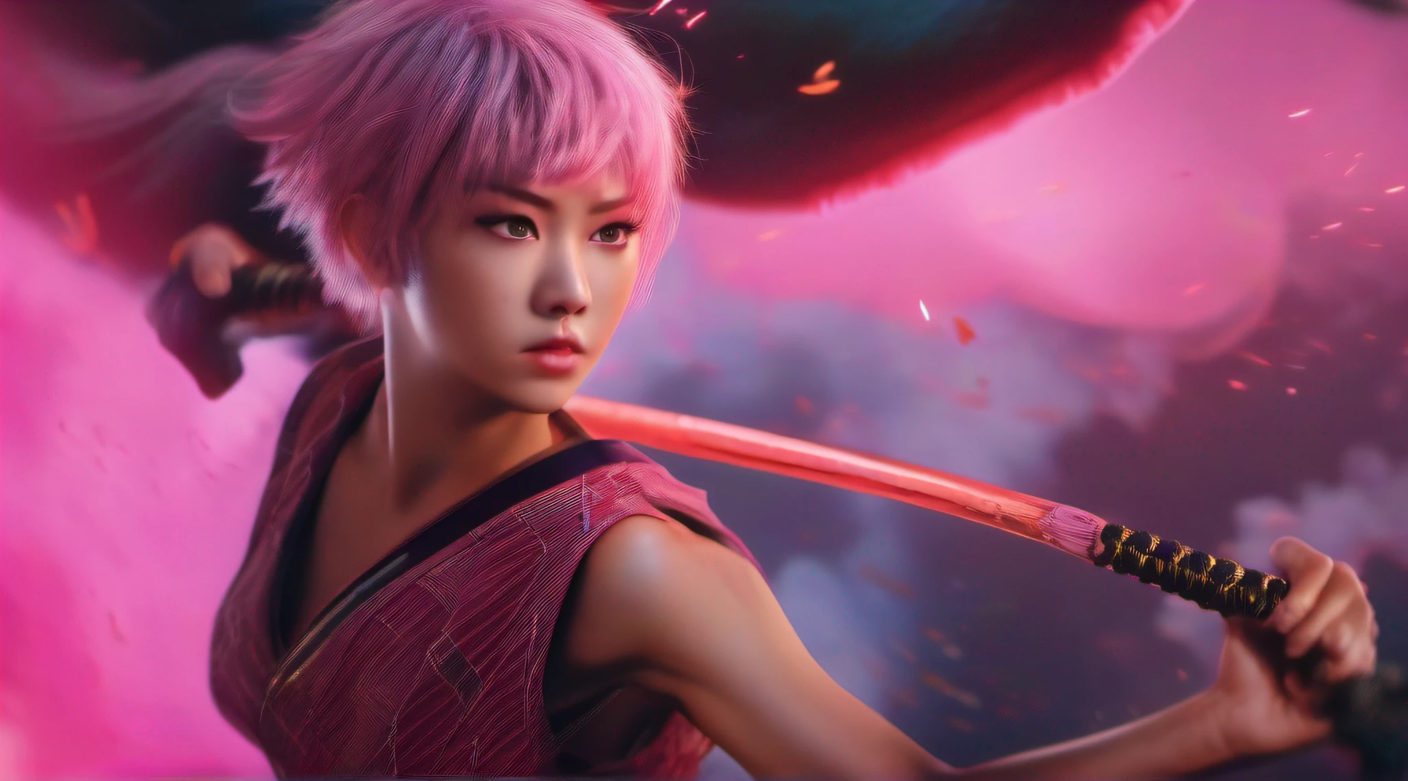 japanese oni is fighting a beautiful girl,18yo, in the sky,pink short hair, blue eyes,Conceptual art, best photo shot, glowing light, realistic, UHD, textured skin, masterpiece, anatomically correct, best quality, 8k, full body,