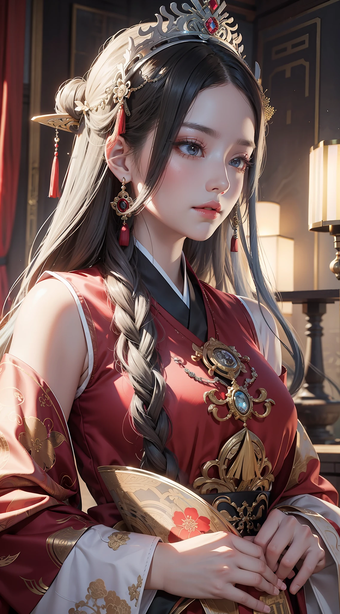 Close-up of a woman wearing a silver complex hat and a red dress,Bright décor，Fluorescence，glittery， Guviz, intricate ornate anime cgi style, Guviz-style artwork, Inspired by Ai Xuan, Palace ， A girl in Hanfu, guweiz masterpiece, Beautiful rendering of the Tang Dynasty, inspired by Zhang Xuan, Zhang Jingna