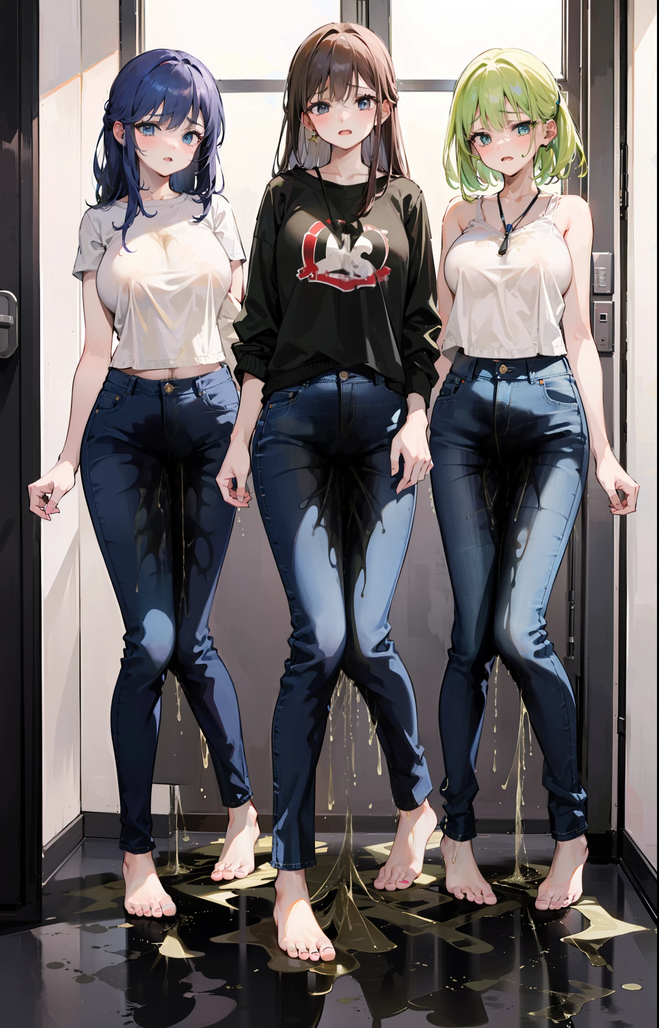 nsfw, masterpiece, best quality, high resolution, (3girls at the age of 20 year), (blue jeans pants), full body, (topless), (barefoot), blush, worried, open mouth, restroom, ((((((big pee stain))))))