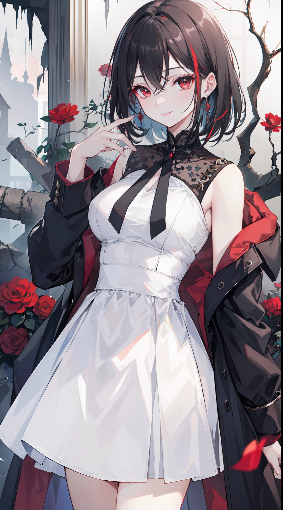 "4k, deep dark ruin without light, there's a elegant mature woman, with black tied hair, closes red eyes, wears elegant black casual dress and coat, she look cool, she have red flower on her side hair, smile warmly"