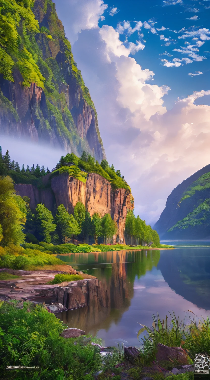 Masterpiece, ultimate quality, Cg unity 8k wallpaper, super delicate, beautiful sky and clouds, rich natural scenery, cliffs, lakes and rivers, waterfalls and flying water, beautiful green mountains, no trace of people, excellent scenery, has already won a photo contest, background Blurring, full depth of field, HDR high dynamics, true restoration, intricate, extreme details, dramatic presentation, perfectly presenting the style of midjourney art.