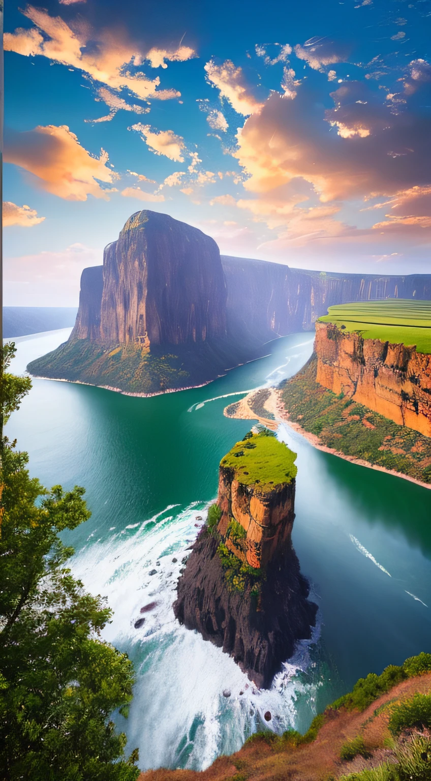 Masterpiece, ultimate quality, Cg unity 8k wallpaper, super delicate, beautiful sky and clouds, rich natural scenery, cliffs, lakes and rivers, waterfalls and flying water, beautiful green mountains, no trace of people, excellent scenery, has already won a photo contest, background Blurring, full depth of field, HDR high dynamics, true restoration, intricate, extreme details, dramatic presentation, perfectly presenting the style of midjourney art.