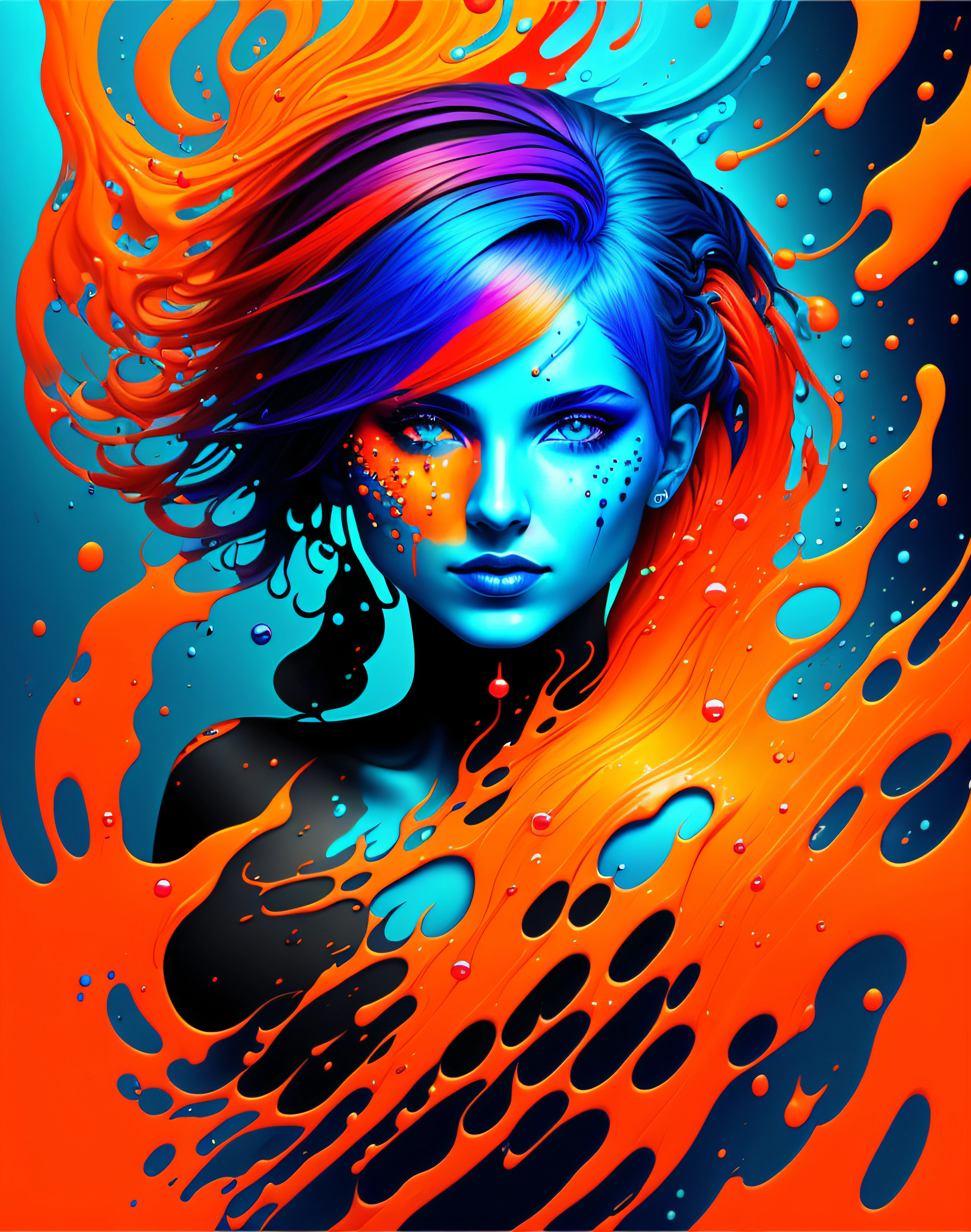 a painting of a woman with colorful hair, fantasy game spell icon, splashes of liquid, computer game art, hyperdetailed colourful, fantasy colours, avatar image, strong blue and orange colors, beautiful avatar pictures, body painted with black fluid, digital art h 9 6 0, rich colourful