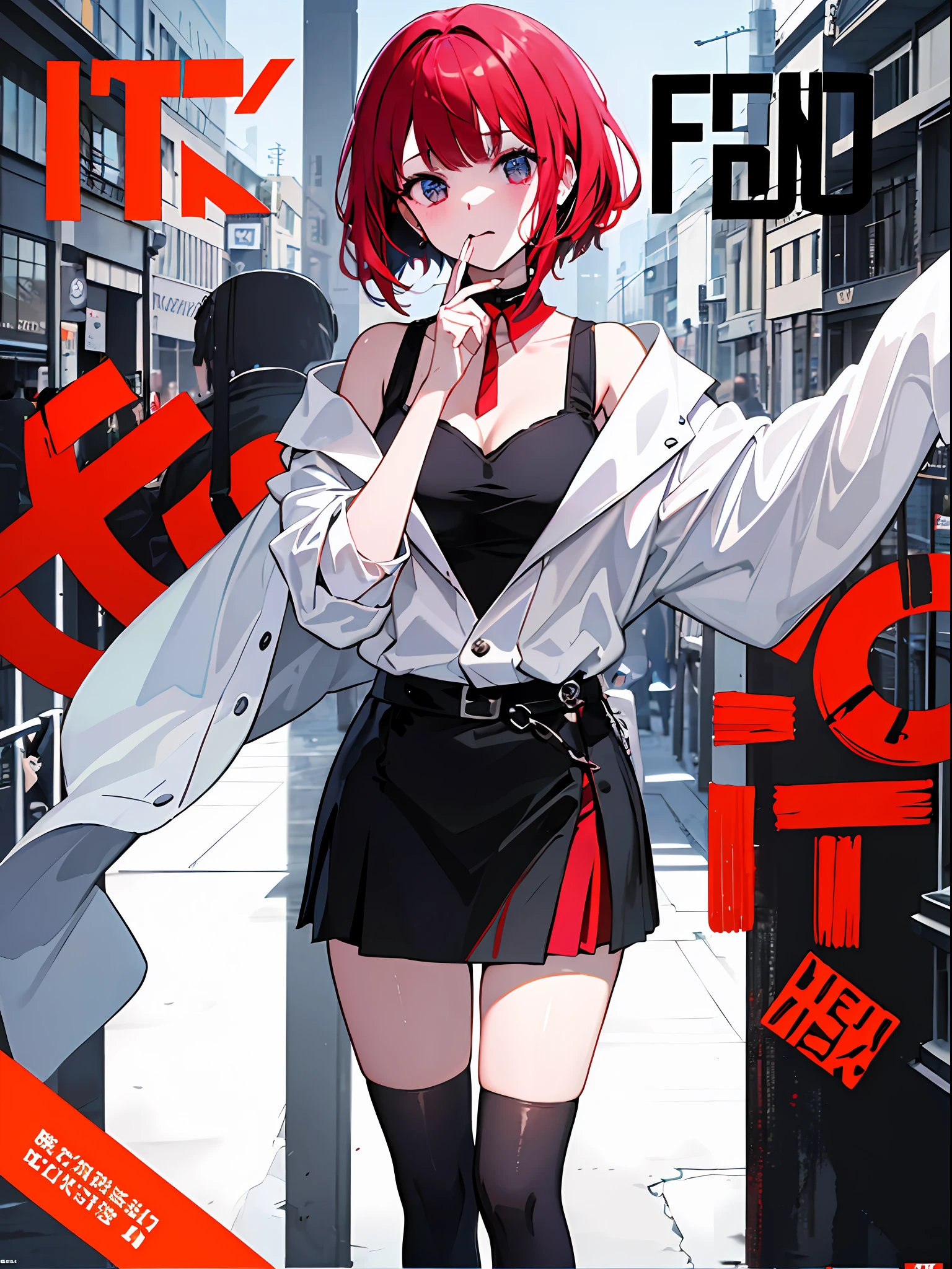 (masterpiece、top-quality、hight resolution)、 Kana Arima \(Oshinoko\), full of shyness、red hairs、Bob Hair、a miniskirt、Cheeks in a tight skirt、Wavy mouth、(((Dramatic)))、(((gritty)))、(((vehement))))The poster of the film appears as a central character。She is shy in the center of the poster、Wearing an idol costume、Has a determined look。The background is dark and rough、I feel like I'm drunk。Text is bold and eye-catching、Catchy slogans add to the overall drama and excitement。The color palette is dominated by dark colors.、Bright colors dotted、Make your poster dynamic and visually impactful、Tachi- e(magazine:1.3)、(cover-style:1.3)、Fashionable、with a vibrant、outfits、the pose、the front、colourfull、Dynamic、Background with、element、self-assured、Expressively、ngel、statement、attachment、An majestic、coiled、surroundings、Touch、The scene、Texto、covers、boldface、grab attention、Titles、lo fashion、Font、Catchy、Titles、Large、grab attention、moderno、 Trendy、concentrating、Stylish、1 girl in
