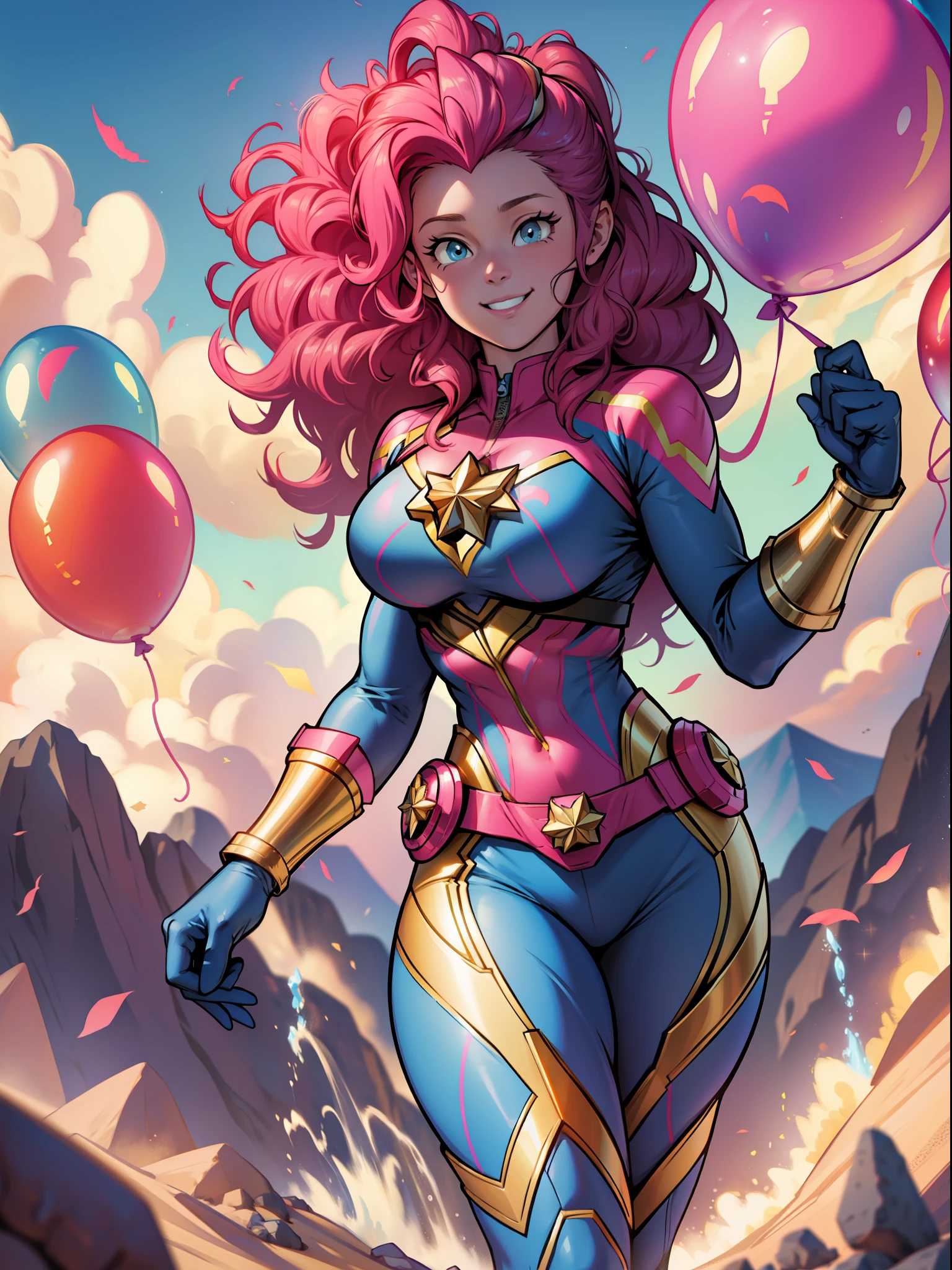 Pinkie Pie, Huge-breasts, Lush breasts, Elastic breasts, hairlong, Luxurious hairstyle, curly hairstyle, In the costume of Captain Marvel, pink and blue suit, Elegant boots, in the sky, superhero, brawn, in full height, Happy, ssmile, Balloons are everywhere, Magic, from bottom to up view, Superhero pose, Flight Pink Beam, beste-Qualit, Very detailed, 8K quality, in full height