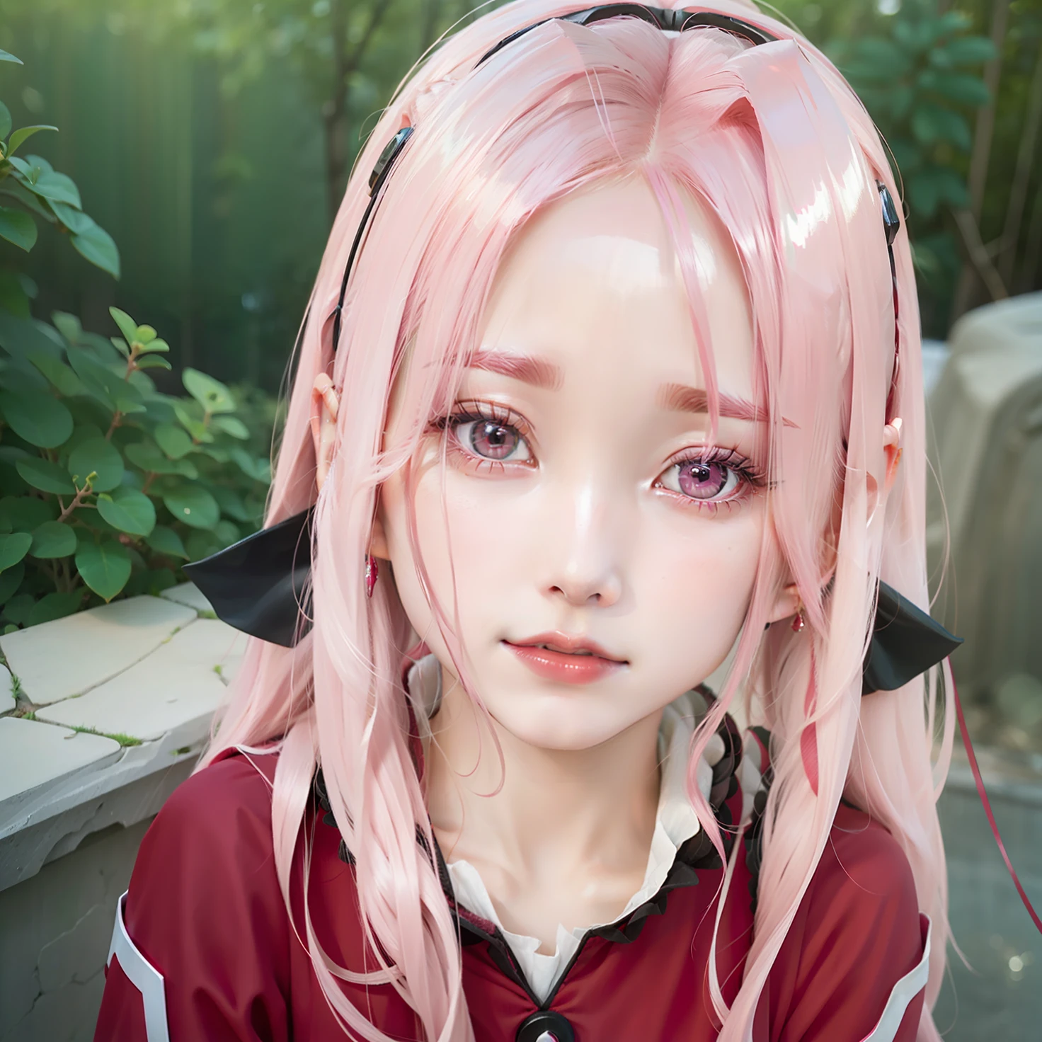 Haruno sakura, pink hair, long hair, red dress, green eyes, realistic, ultra detail, 70mm lens.