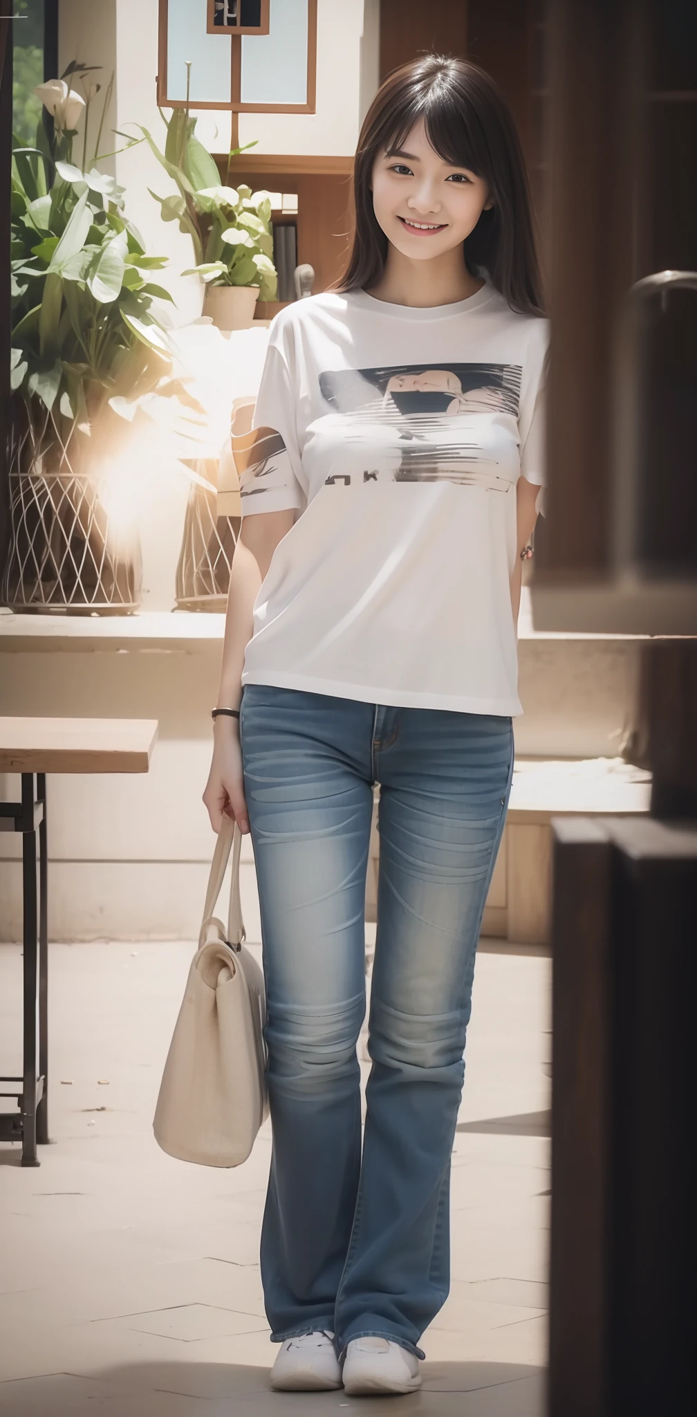 Zhu Ai_Villas，RAW photos，Brand photos，（highdetailskin：1.2），8k ultra high definition，digital SLR camera，gentlesoftlighting，high high quality，filmgrain，富士XT3，20 years old Asian woman，Wear simple clothes，T-shirt and skinny jeans，Detailed clothing details:1.3，perfect body figure，Super detailed facial details and skin，Fair and tender face and skin，二重まぶた，Super detailed eyes，Sweet smile:0.5，fully body photo