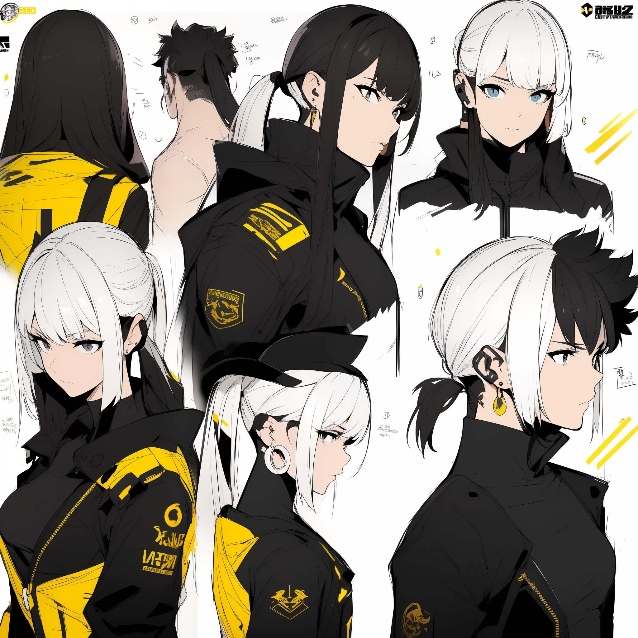 Yellow theme,Masterpiece,Best quality,offcial art,Extremely detailed Cg Unity 8K wallpaper,1girll, joy, Anger and sadness on various expressions,Single ponytail hairstyle,Glowing fist,Mechanical headphones,(((Yellow combat uniform))),a black cloak,Hand-held laser metal weapons,White hair,character design,Zhuzeshegi,Sketch line drawing,