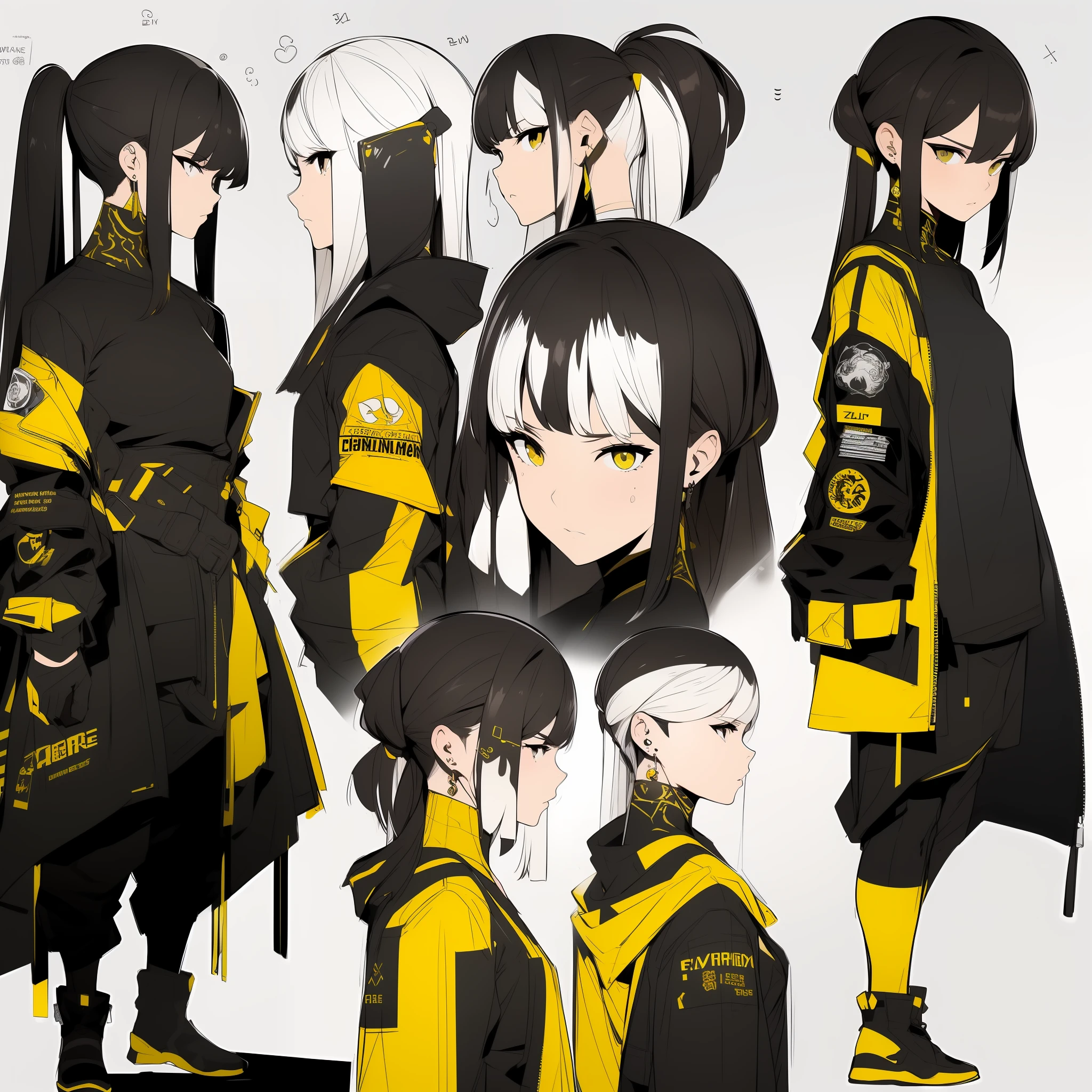 Yellow theme，Masterpiece,Best quality,offcial art,Extremely detailed Cg Unity 8K wallpaper,1girll, joy, Anger and sadness on various expressions，Single ponytail hairstyle，Glowing fist，Mechanical headphones，（（（Yellow combat uniform））），a black cloak，Hand-held laser metal weapons，White hair，character  design，Zhuzeshegi，Sketch line drawing,