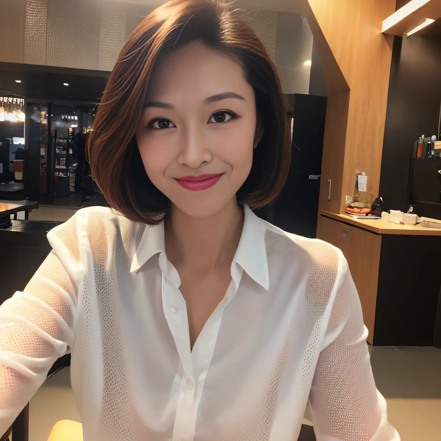 (8k, best quality, masterpiece:1.2), (realistic, photo-realistic:1.37), ultra-detailed, 1 girl, cute, solo, beautiful detailed sky, detailed cafe, night, sitting, dating, (nose blush), (smile:1.15), (closed mouth) small Breasts, beautiful detailed eyes, (collared shirt:1.1), night, wet, business attire, rain, white lace, (short hair:1.2), floating hair NovaFrogStyle, white kebaya
