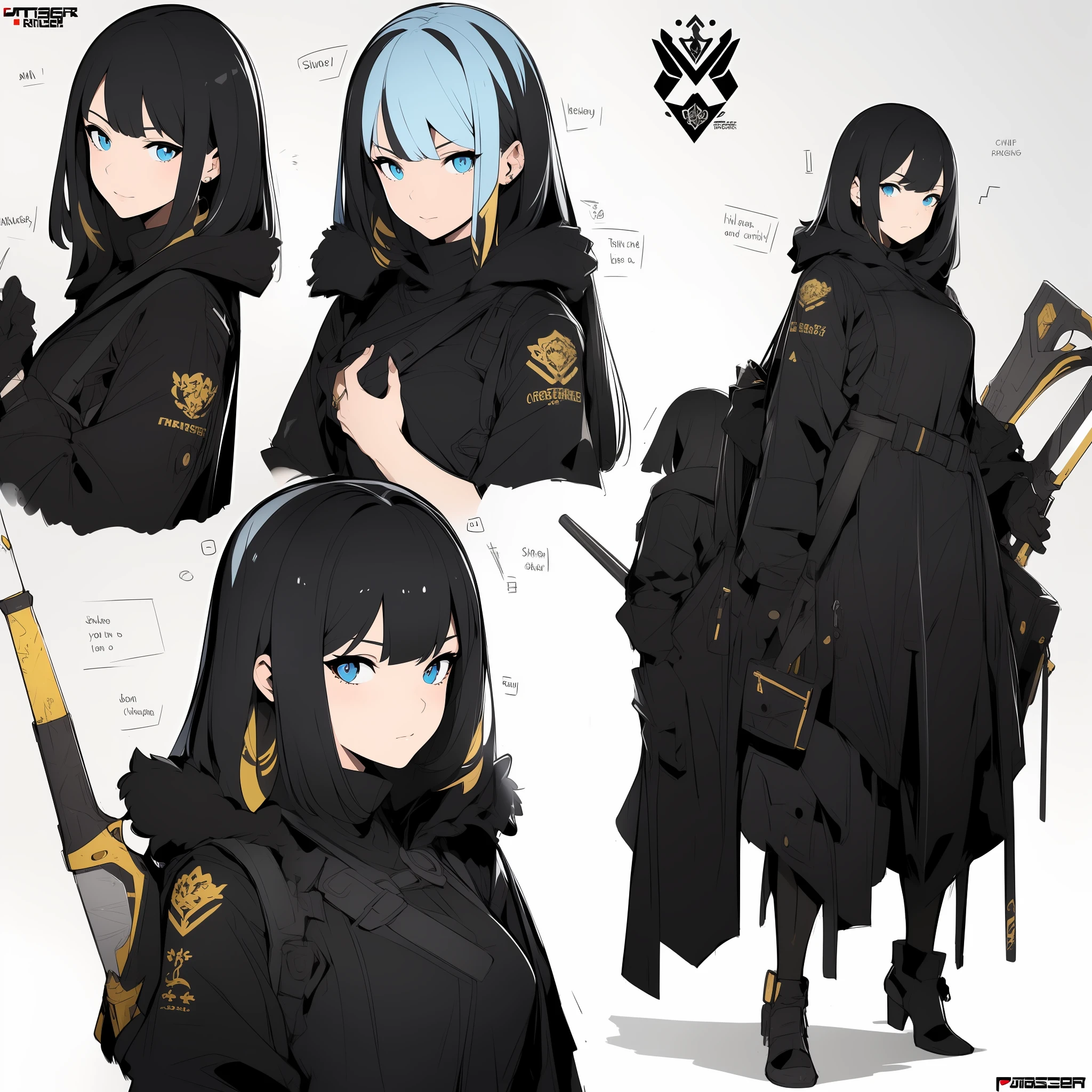 Masterpiece,Best quality,offcial art,Extremely detailed Cg Unity 8K wallpaper,1girll, Black and gold combat uniforms，Long weapons，Blue gradient hair，character  design，Zhuzeshegi，simplebackground，parchment，Sketch line drawing。