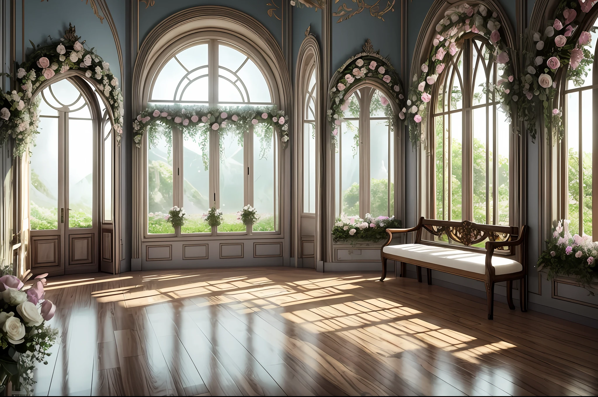 there is a room with a window and a bench with flowers, unreal engine ; romantic theme, dreamy atmosphere and drama, atmospheric beautiful details, floral environment, romantic greenery, stunning arcanum backdrop, dreamy atmosphere, romantic ambiente, beautiful drapes, romanticism style, in romantic style, white sweeping arches, baroque style painting backdrop, dreamy scene