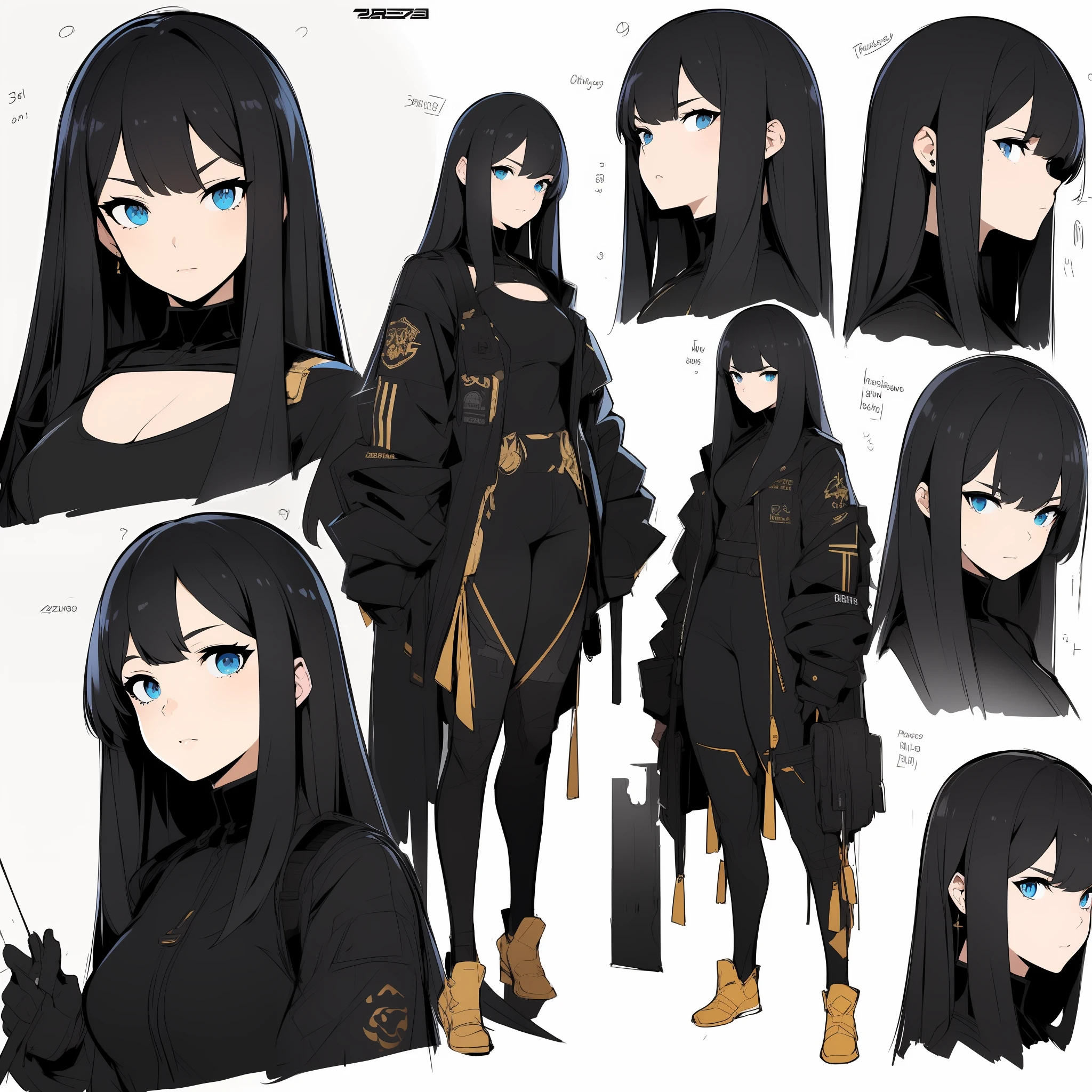 Masterpiece,Best quality,offcial art,Extremely detailed Cg Unity 8K wallpaper,1girll, Black and gold combat uniforms，Long weapons，Blue gradient hair，character  design，Zhuzeshegi，simplebackground，parchment，Sketch line drawing。