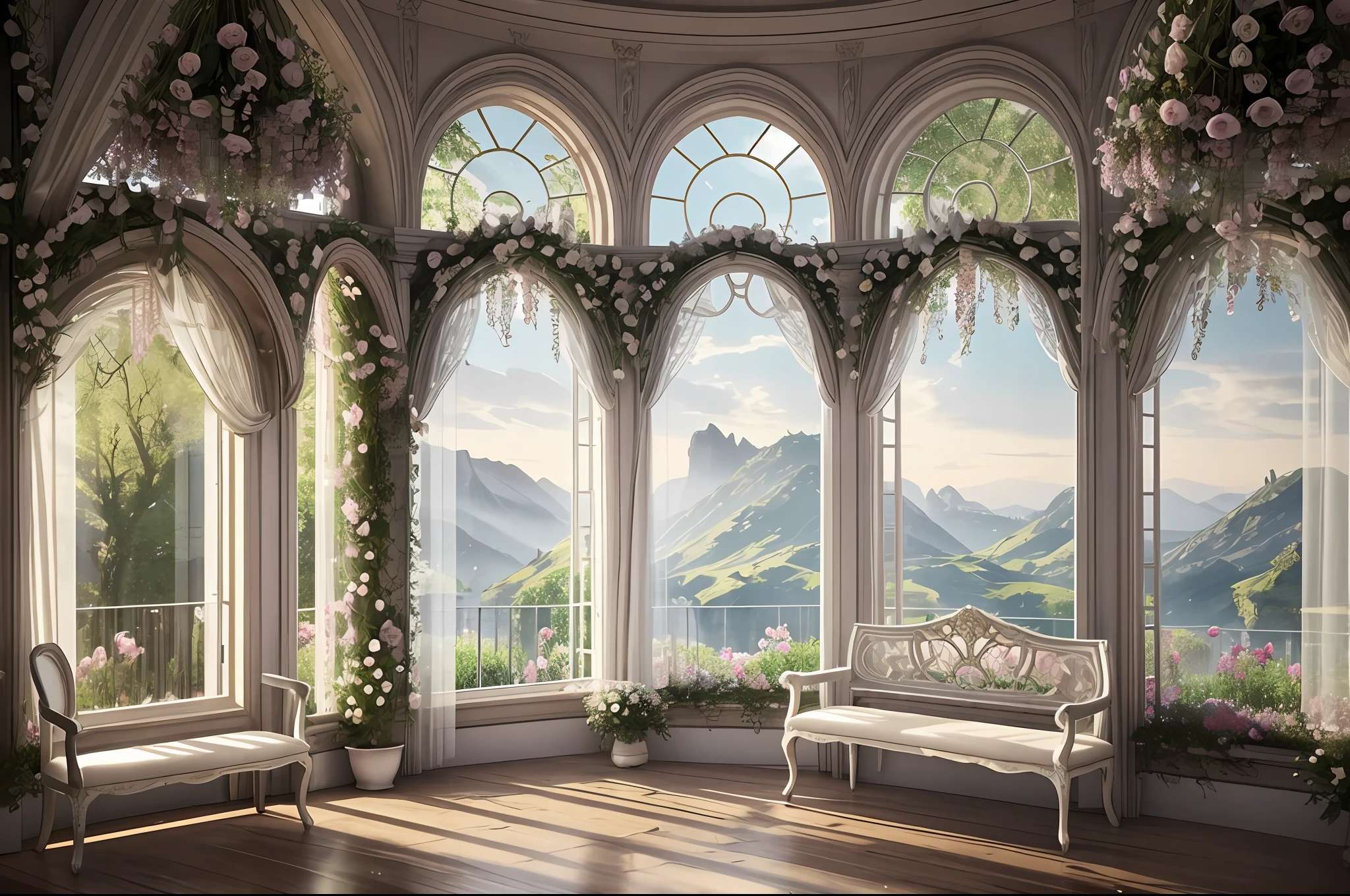 there is a room with a window and a bench with flowers, unreal engine ; romantic theme, dreamy atmosphere and drama, atmospheric beautiful details, floral environment, romantic greenery, stunning arcanum backdrop, dreamy atmosphere, romantic ambiente, beautiful drapes, romanticism style, in romantic style, white sweeping arches, baroque style painting backdrop, dreamy scene