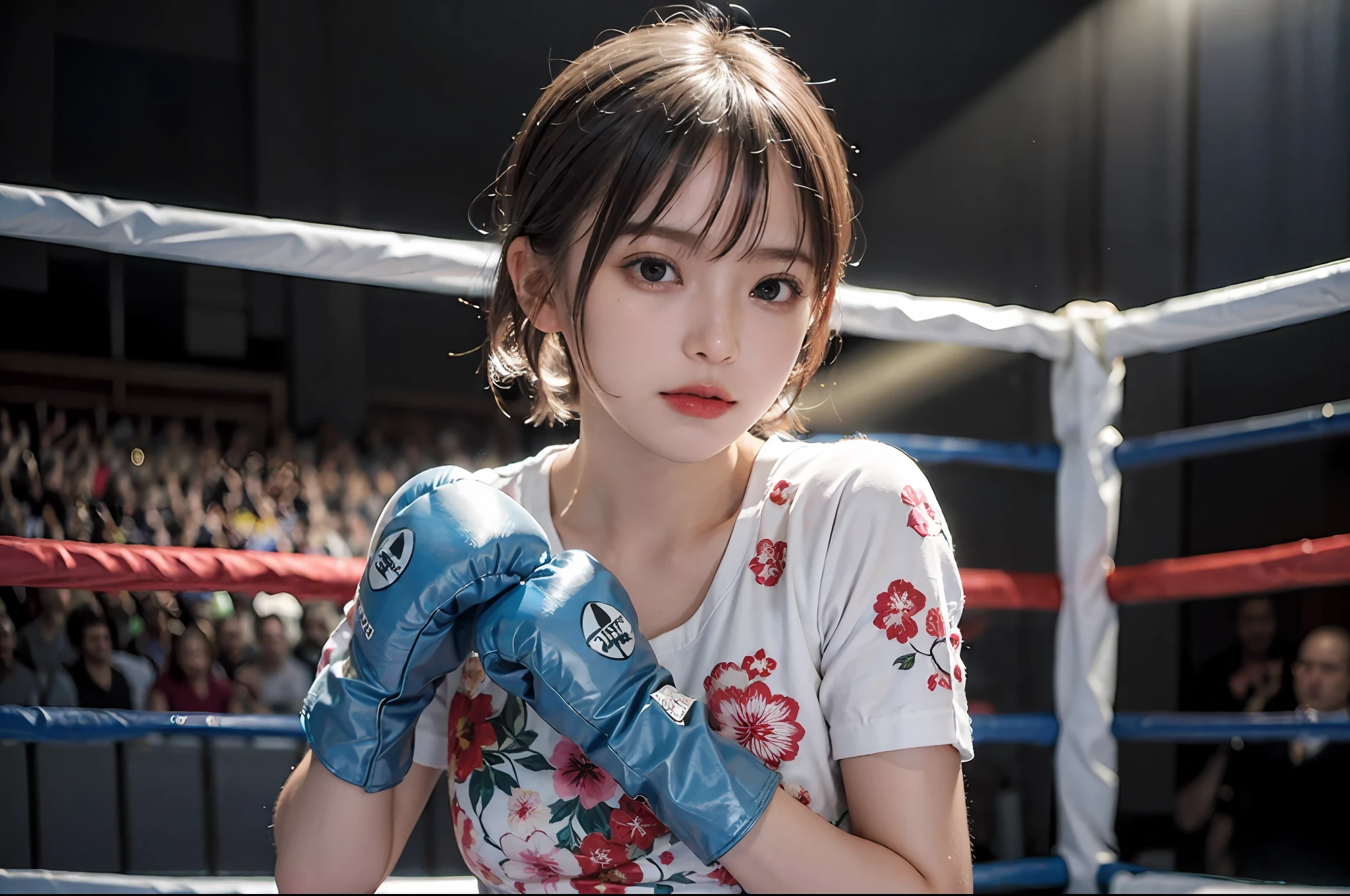 Best Quality, Boxer, (Photorealsitic:2), 超A high resolution, Highly detailed, A hyper-realistic, 1girl in, (Boxing gloves), Floral pattern, colourfull_Head_hair、(((very_Short_Head_hair))), Short hair, Slim body, Full Shot, Looking at Viewer, ((boxing Ring)), Bright atmosphere, spot light, Detailed background