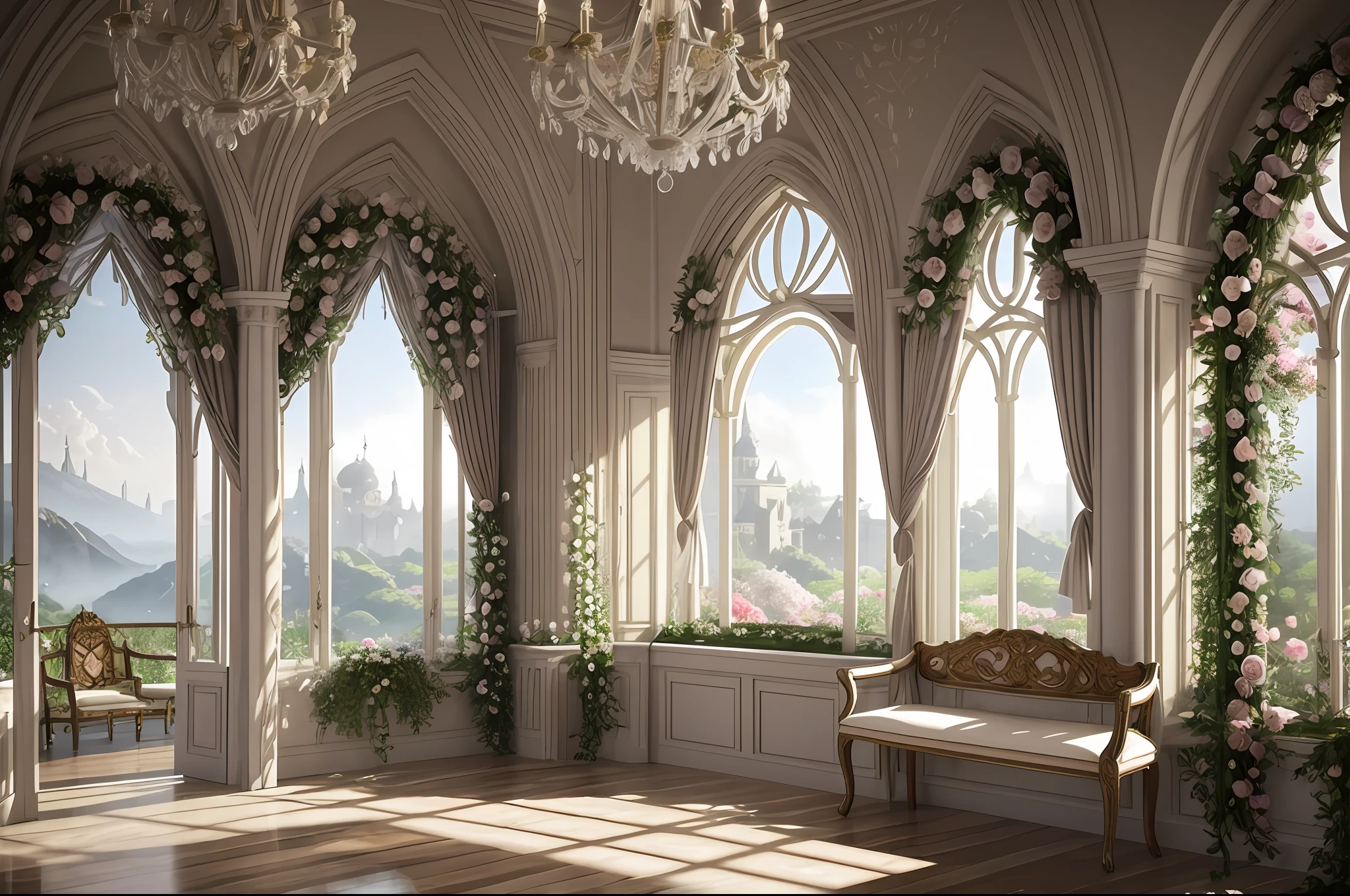there is a room with a window and a bench with flowers, unreal engine ; romantic theme, dreamy atmosphere and drama, atmospheric beautiful details, floral environment, romantic greenery, stunning arcanum backdrop, dreamy atmosphere, romantic ambiente, beautiful drapes, romanticism style, in romantic style, white sweeping arches, baroque style painting backdrop, dreamy scene
