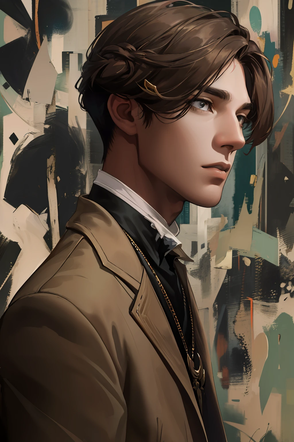 masterpiece, best quality, 1 male, bronze skin, dark brown irises, square face, striking eyebrows, elongated lifeless eyes, deep and intense gaze, brown hair fading to milky white, long straight hair, styled in a chignon with side-swept bangs, an elegant and stylish hairdo, extremely high resolution, capturing facial details and bronze skin tone, soft lighting and muted tones, emphasizing an aura of mystery and elegance, combining Lee Krasner's creativity, Jackson Pollock's abstract expressionism, and James McCabe's fashionable style, an artistic portrait oozing the male's unique charm and individuality, cinematic lighting, dramatic lighting, high resolution