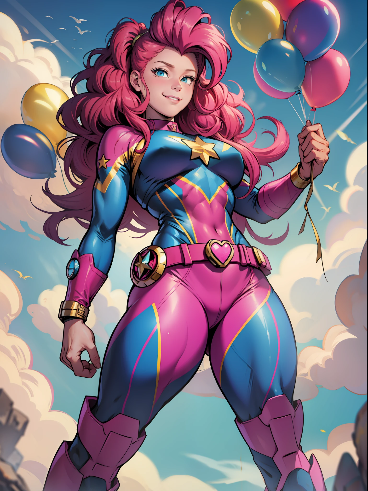 Pinkie Pie, Huge-breasts, Lush breasts, Elastic breasts, hairlong, Luxurious hairstyle, curly hairstyle, In the costume of Captain Marvel, pink and blue suit, Elegant boots, in the sky, superhero, brawn, in full height, Happy, ssmile, Balloons are everywhere, Magic, from bottom to up view, Superhero pose, Flight Pink Beam, beste-Qualit, Very detailed, 8K quality, in full height