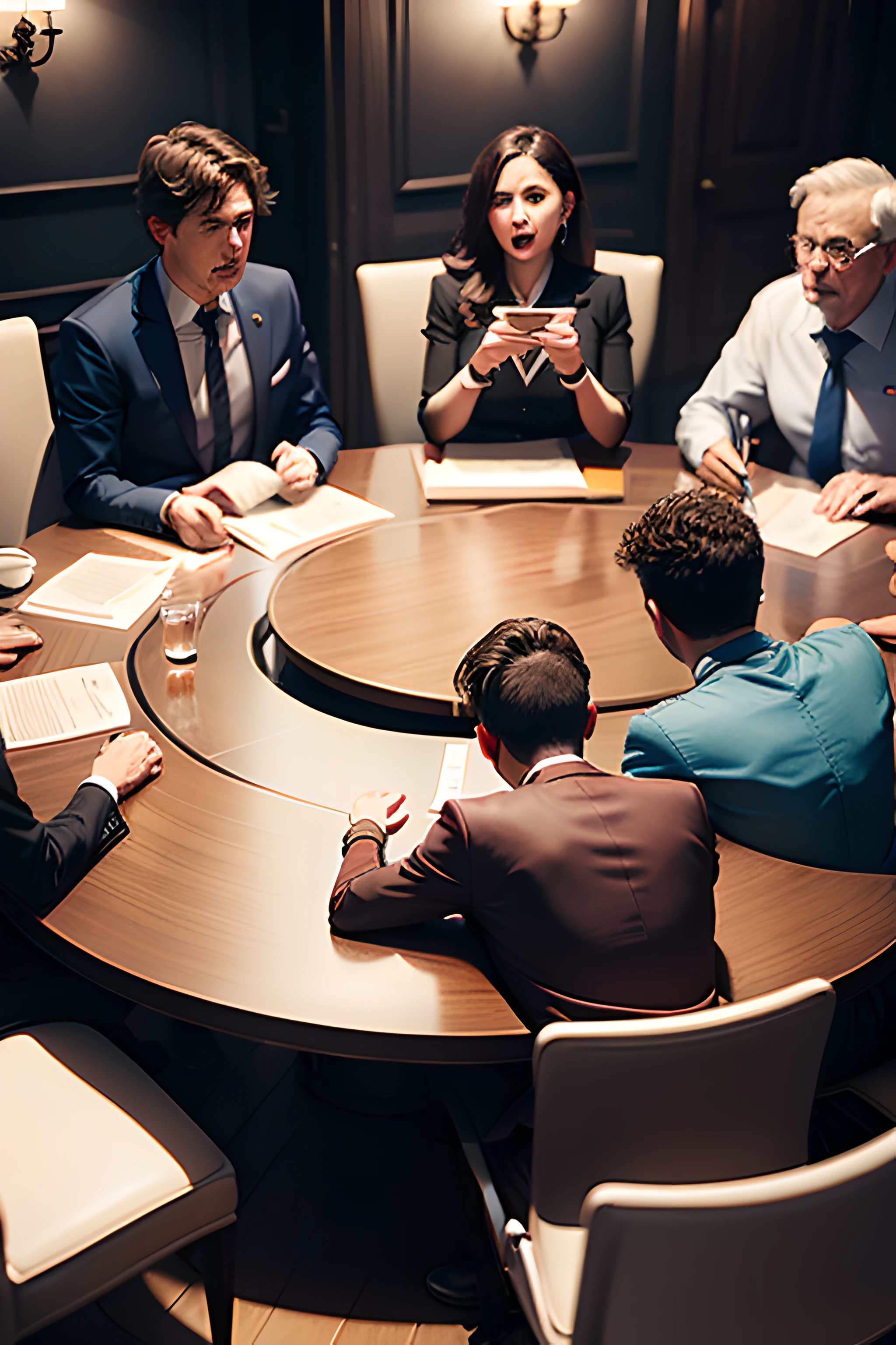 several people，At a table，Hold debates