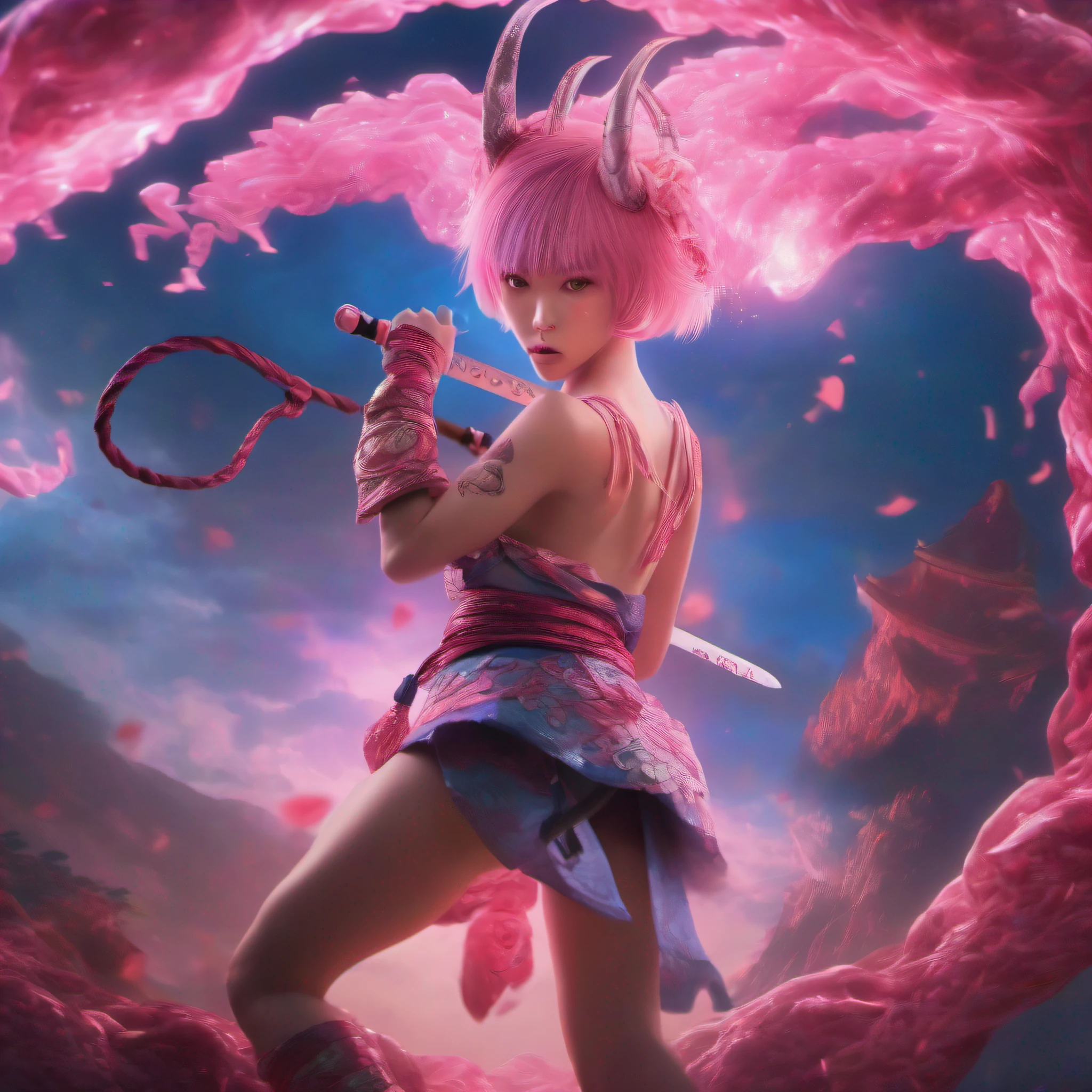 japanese oni is fighting a beautiful girl,18yo, in the sky,pink short hair, blue eyes,Conceptual art, best photo shot, glowing light, realistic, UHD, textured skin, masterpiece, anatomically correct, best quality, 8k, full body,