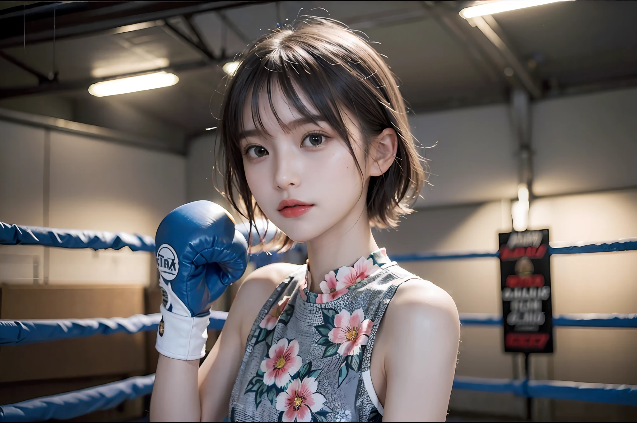 Best Quality, Boxer, (Photorealsitic:2), 超A high resolution, Highly detailed, A hyper-realistic, 1girl in, (Boxing gloves), Floral pattern, colourfull_Head_hair、(((very_Short_Head_hair))), Short hair, Slim body, Full Shot, Looking at Viewer, ((boxing Ring)), Bright atmosphere, spot light, Detailed background