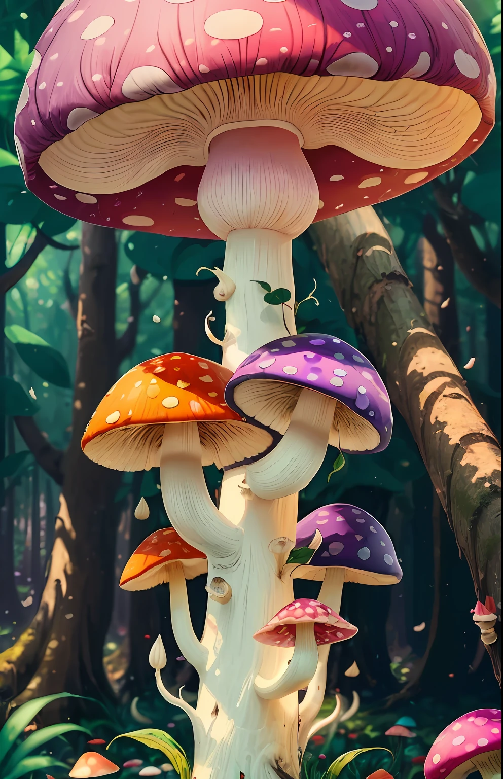 the good，I could try to describe the picture in more detail。The picture is vertical，The background is dark，Only a blue sky seen through the canopy of mushroom trees。In the center of the picture is a huge red mushroom，It has a white stem，The stem is wound with a spiral staircase。The other mushrooms in the picture have red、orange colors、A variety of colors such as pink and purple，Some mushrooms are flat，Some are high，Some are round，Some are pointy。The pictures give a fantastic feeling、Surreal feeling。 --auto --s2