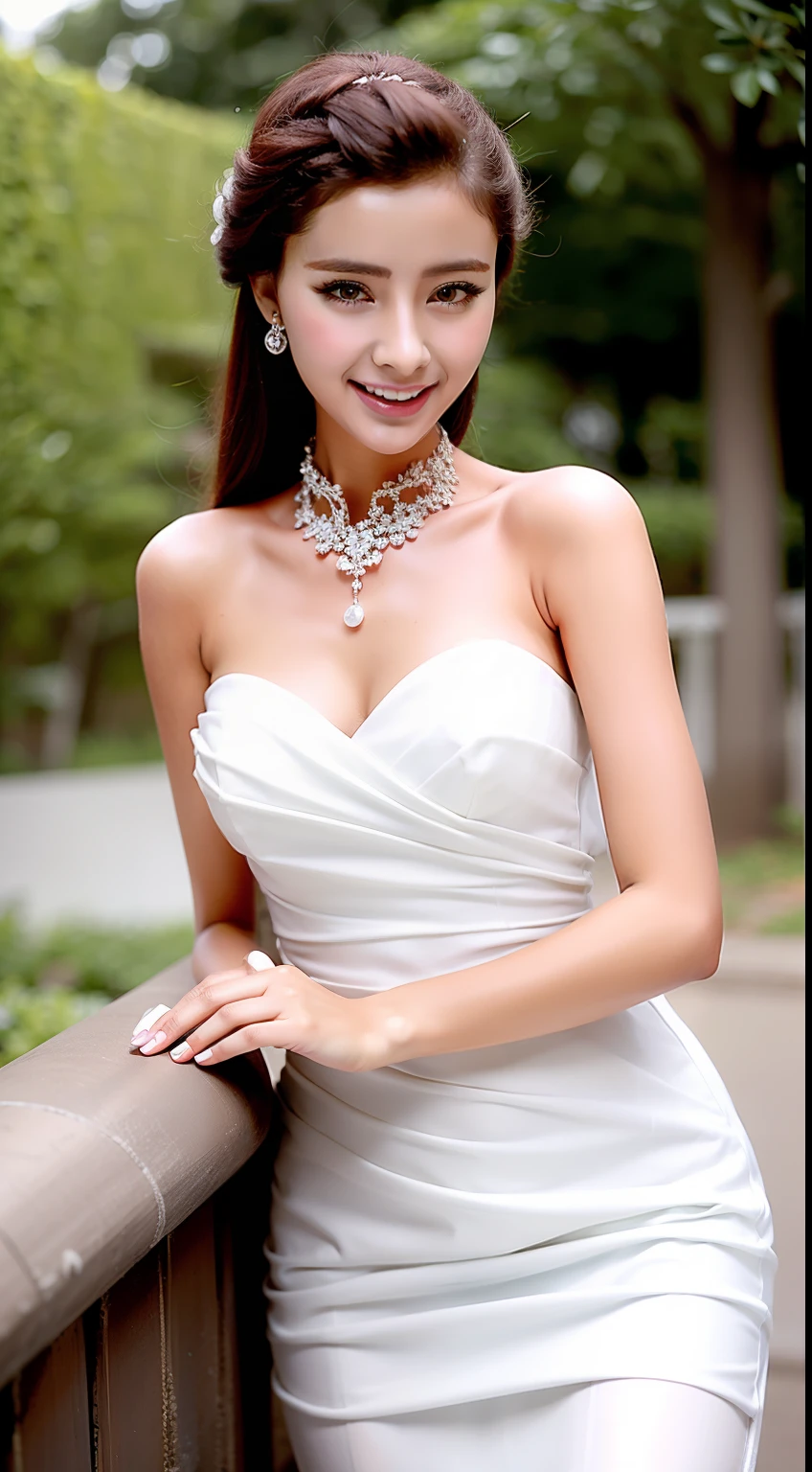 Fashion model 18 years old [[[[closeup cleavage]]]], [[[[boobgasm]]]], [[[[coll]]]], [[[[bshoulders]]]], perfect  eyes, Perfect iris，Perfect lips，perfect teeth，Perfect skin，Long face，slender nose，Soft front light，hdr，Movie girl，on cheongsam，long whitr hair，Long hair with a shawl，Long hair like a waterfall，Green trees and flowers in the background，（pastel colour：1.2）