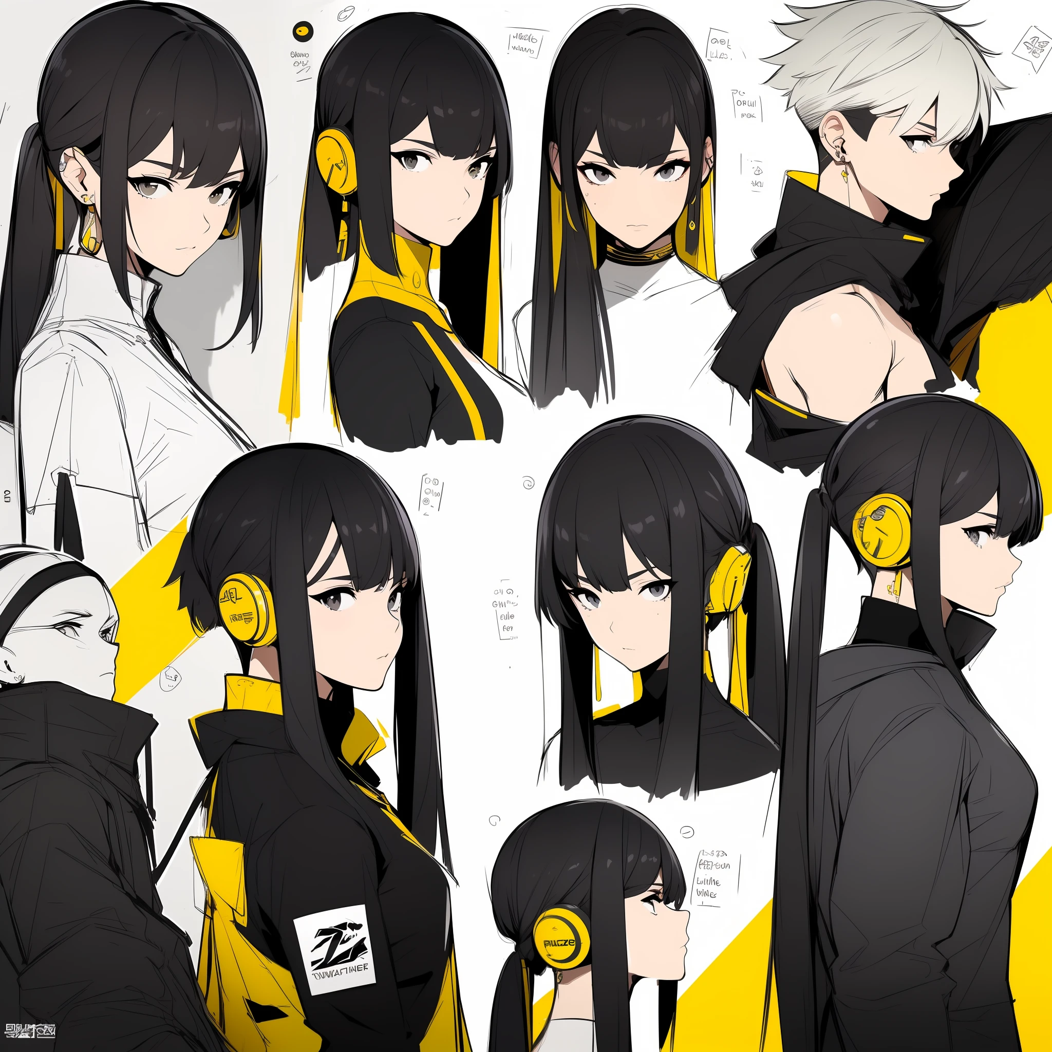 Yellow theme,Masterpiece,Best quality,offcial art,Extremely detailed Cg Unity 8K wallpaper,1girll, joy, Anger and sadness on various expressions,Single ponytail hairstyle,Glowing fist,Mechanical headphones,(((red combat clothes))),a black cloak,Hand-held laser metal weapons,White hair,character design,Zhuzeshegi,Sketch line drawing,