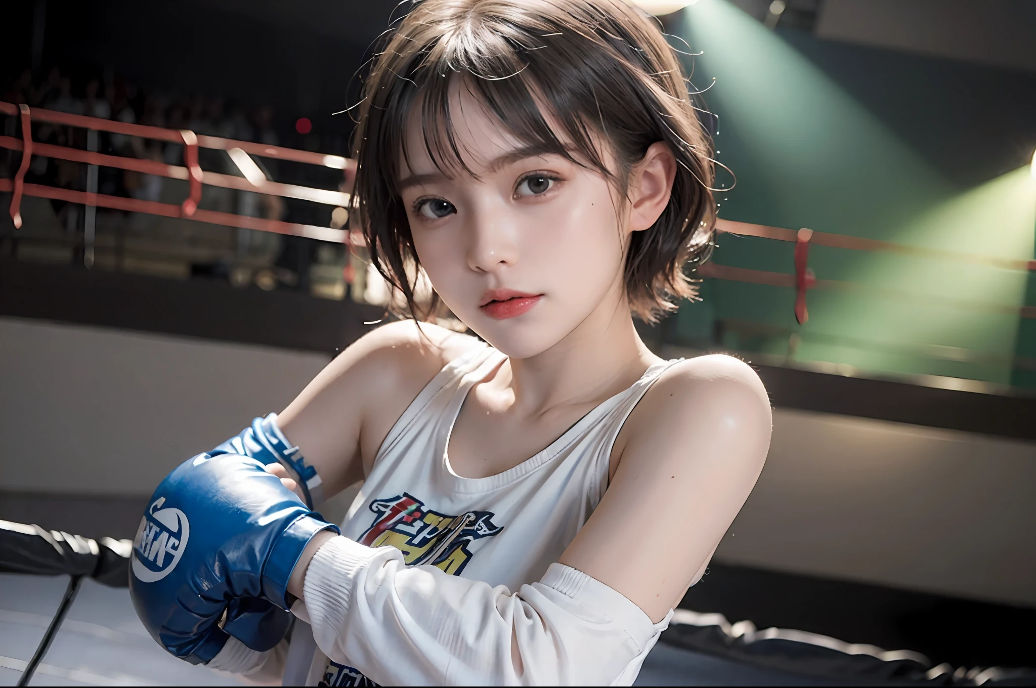 Best Quality, Boxer, (Photorealsitic:2), 超A high resolution, Highly detailed, A hyper-realistic, 1girl in, (Boxing gloves), Floral pattern,  colourfull_Head_hair、(((very_Short_Head_hair))), Short hair, Slim body, Full Shot, Looking at Viewer, ((boxing Ring)),  Bright atmosphere, spot light, Detailed background