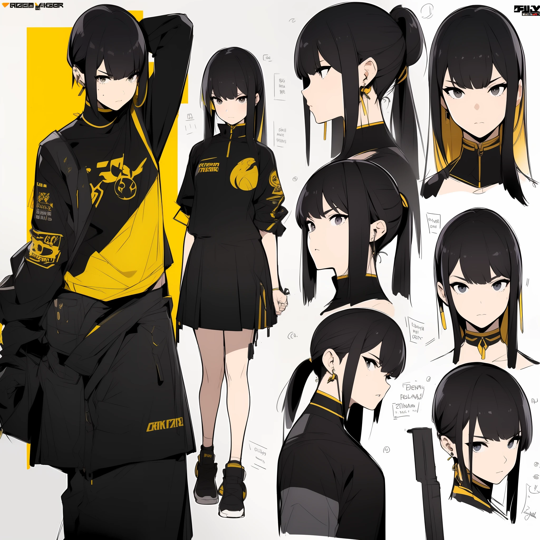 Yellow theme，Masterpiece,Best quality,offcial art,Extremely detailed Cg Unity 8K wallpaper,1girll, joy, Anger and sadness on various expressions，Single ponytail hairstyle，Glowing fist，Mechanical headphones，（（（red combat clothes））），a black cloak，Hand-held laser metal weapons，White hair，character  design，Zhuzeshegi，Sketch line drawing,