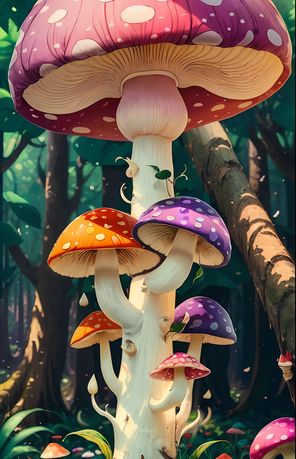 the good,I could try to describe the picture in more detail。The picture is vertical,The background is dark,Only a blue sky seen through the canopy of mushroom trees。In the center of the picture is a huge red mushroom,It has a white stem,The stem is wound with a spiral staircase。The other mushrooms in the picture have red、orange colors、A variety of colors such as pink and purple,Some mushrooms are flat,Some are high,Some are round,Some are pointy。The pictures give a fantastic feeling、Surreal feeling。 --auto --s2